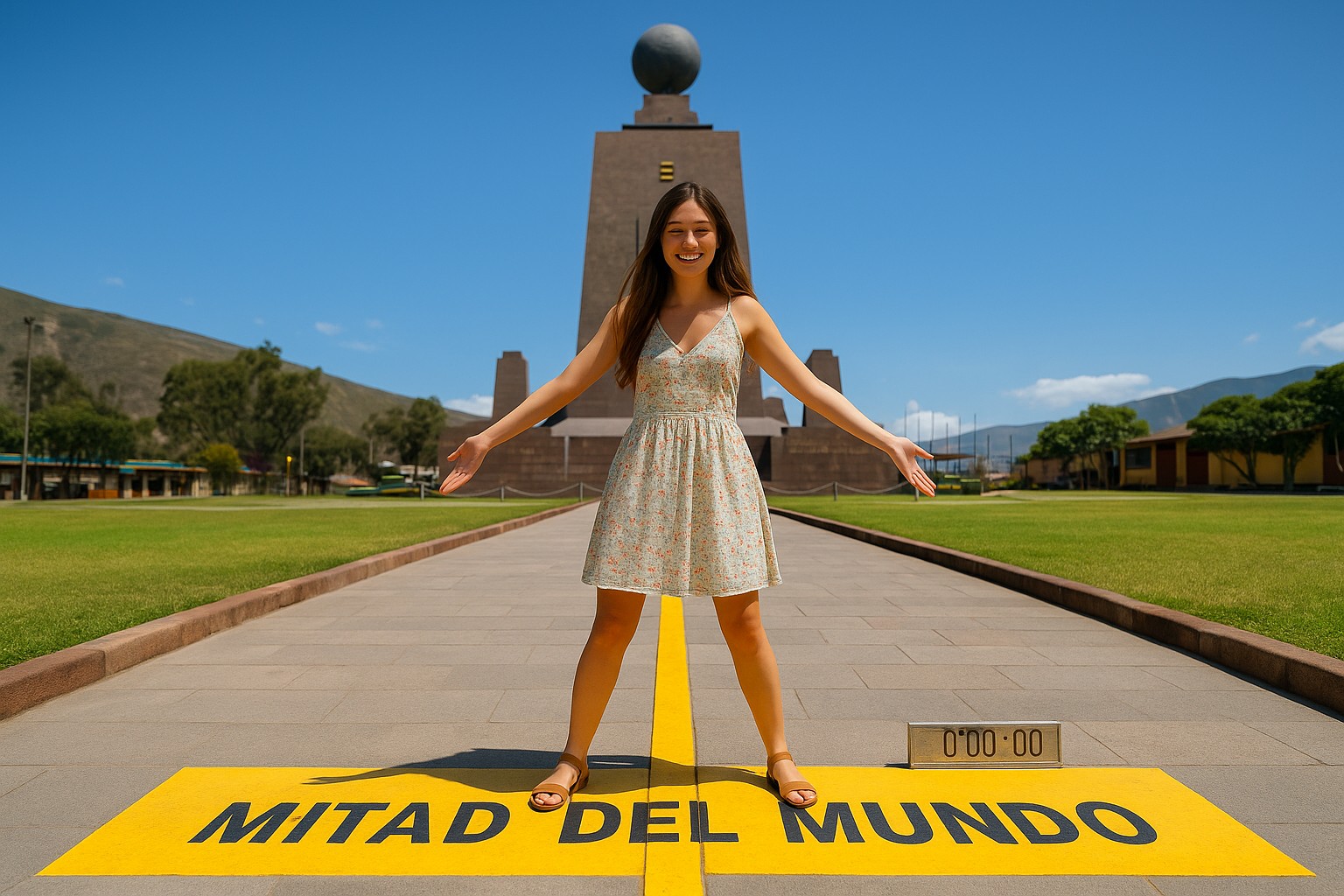 Eine junge Frau mit langen, braunen Haaren steht lächelnd auf der gelben Äquatorlinie im Touristenzentrum „Mitad del Mundo“ in Ecuador. Ein Fuß befindet sich auf der Nordhalbkugel, der andere auf der Südhalbkugel. Im Hintergrund ist das pyramidenförmige Denkmal mit einer Kugel auf der Spitze deutlich zu erkennen, bei klarem Himmel und natürlichem Tageslicht.
