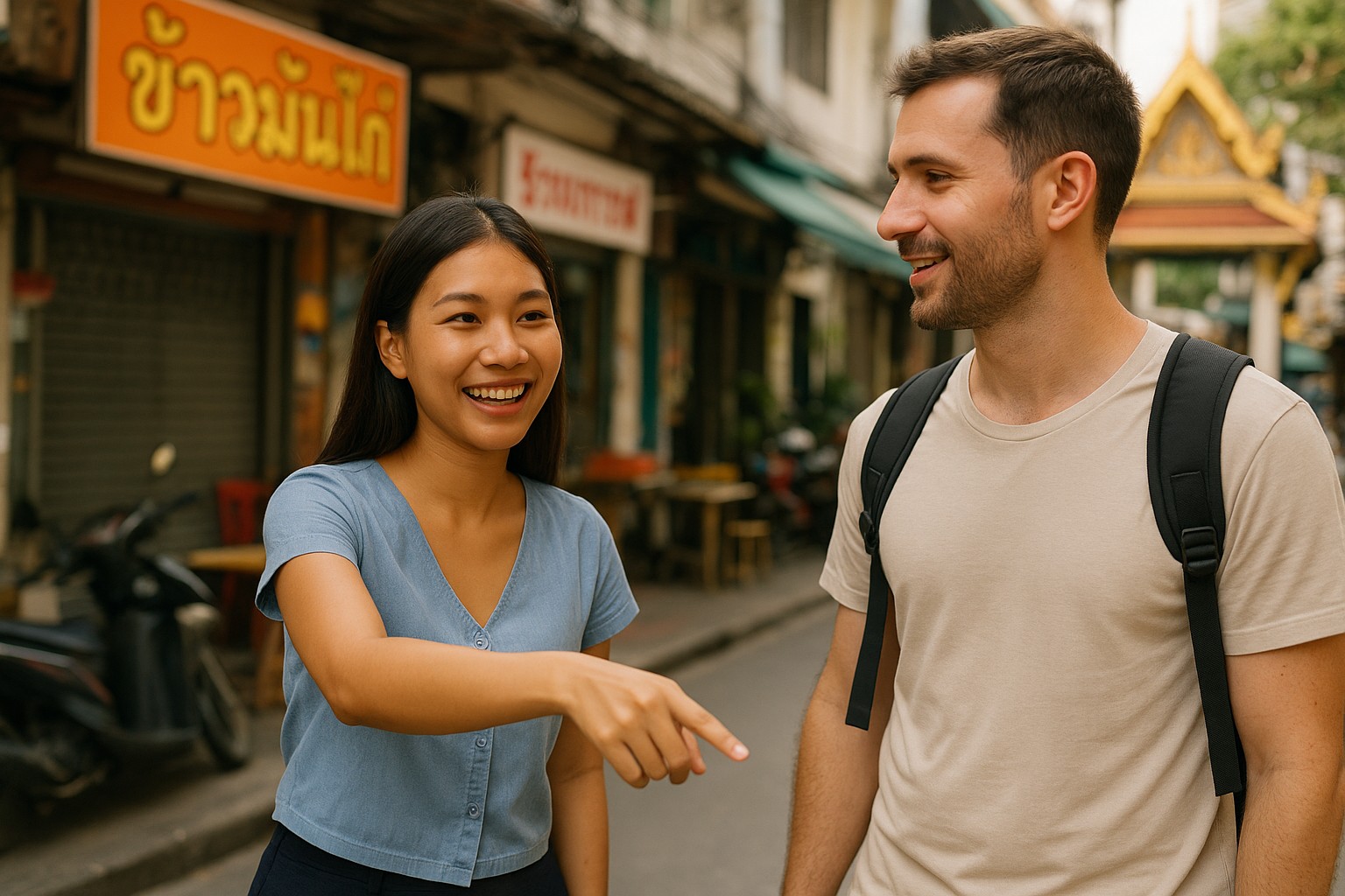 Eine thailändische Frau gibt einem westlichen Touristen freundlich Wegbeschreibung in einer Straße von Bangkok mit traditionellen Schildern im Hintergrund.
