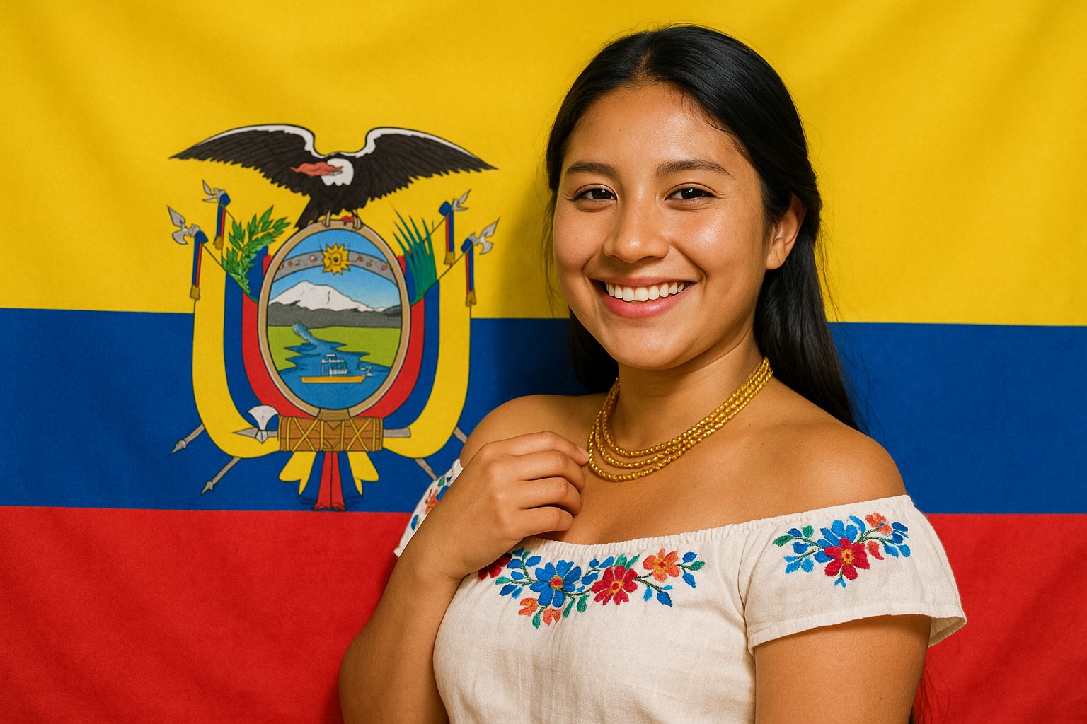 Freundliches Porträt einer jungen Ecuadorianerin vor der Flagge