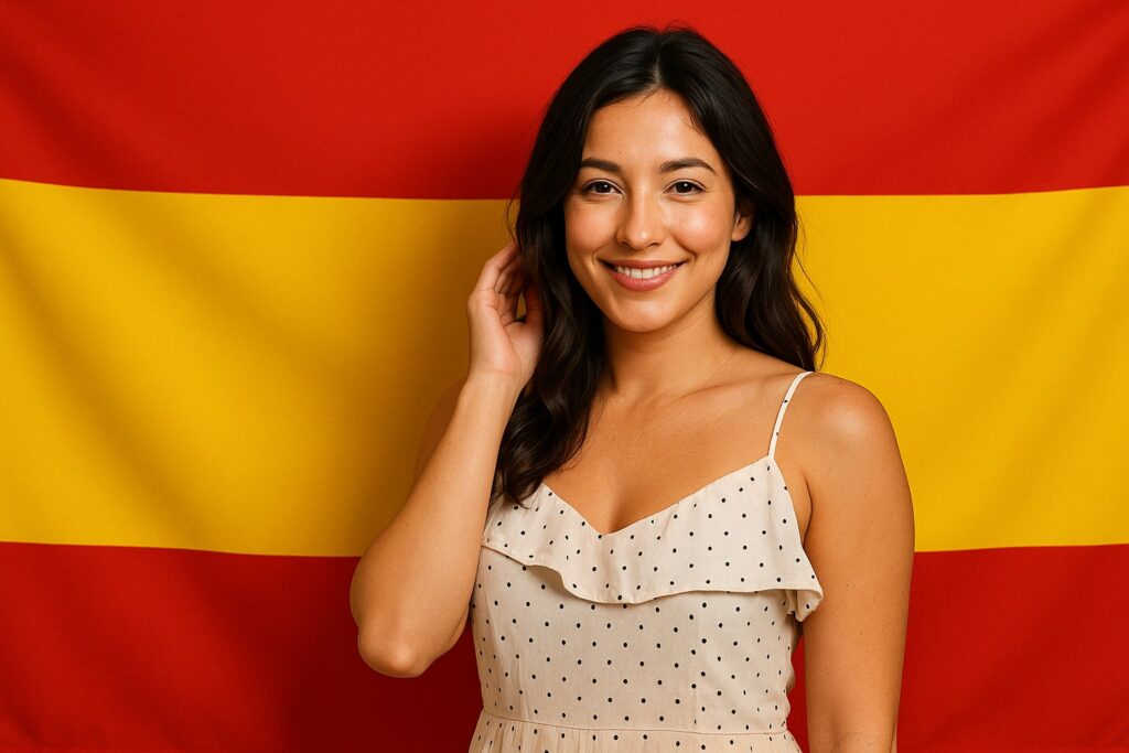 Junge Spanierin mit dunklem Haar im leichten Sommerkleid vor der rot-gelben Flagge Spaniens (ohne Wappen)