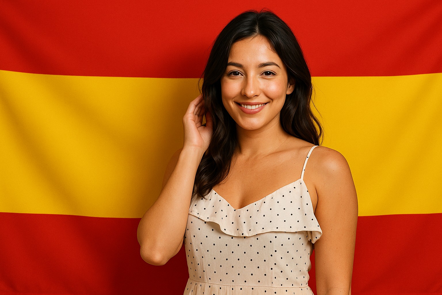 Freundliches Porträt einer jungen Spanierin vor der Flagge
