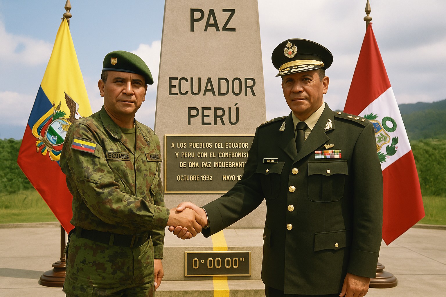 Zwei hochrangige Offiziere aus Ecuador und Peru stehen vor einem Friedensdenkmal, schütteln sich die Hand, mit den Nationalflaggen im Hintergrund.
