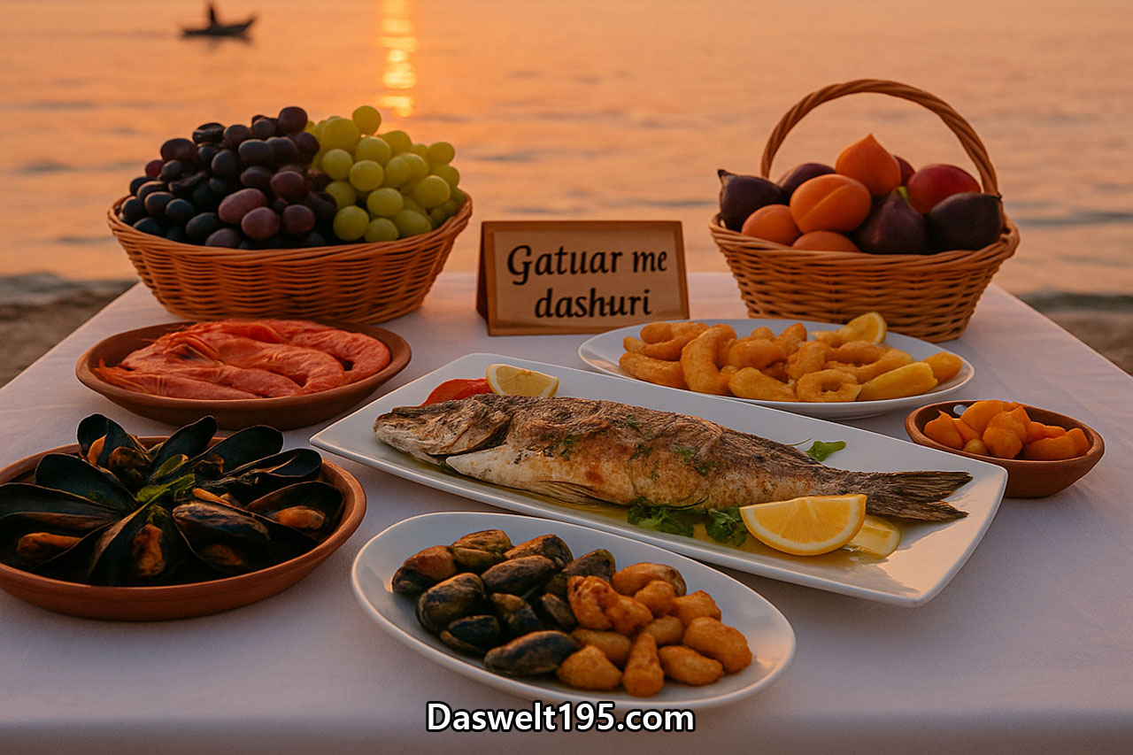Tisch am Ufer mit gegrilltem Fisch, Garnelen, Muscheln und Körben voller Trauben, Feigen und Aprikosen im Sonnenuntergang; Schild mit albanischer Aufschrift „Gatuar me dashuri“ (Mit Liebe gekocht) davor, Fischerboot im Hintergrund.
