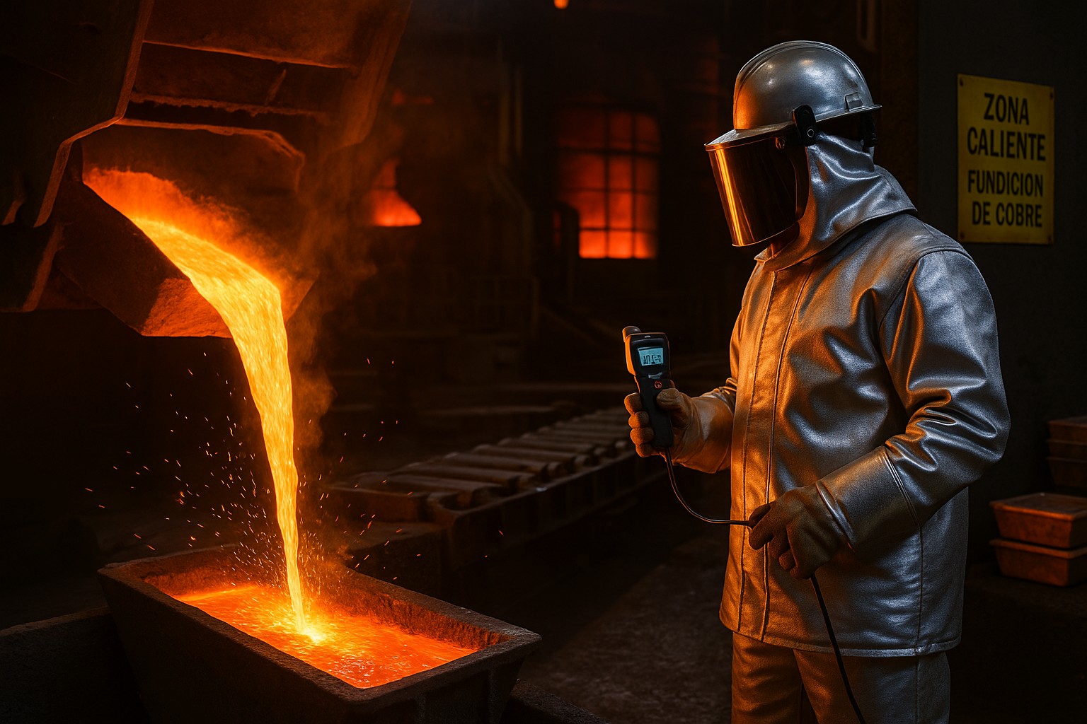 Ein Arbeiter in silberner Hitzeschutzkleidung überwacht den Guss von flüssigem Kupfer in einer chilenischen Kupferhütte, während glühende Metallschlacke in eine Form fließt.
