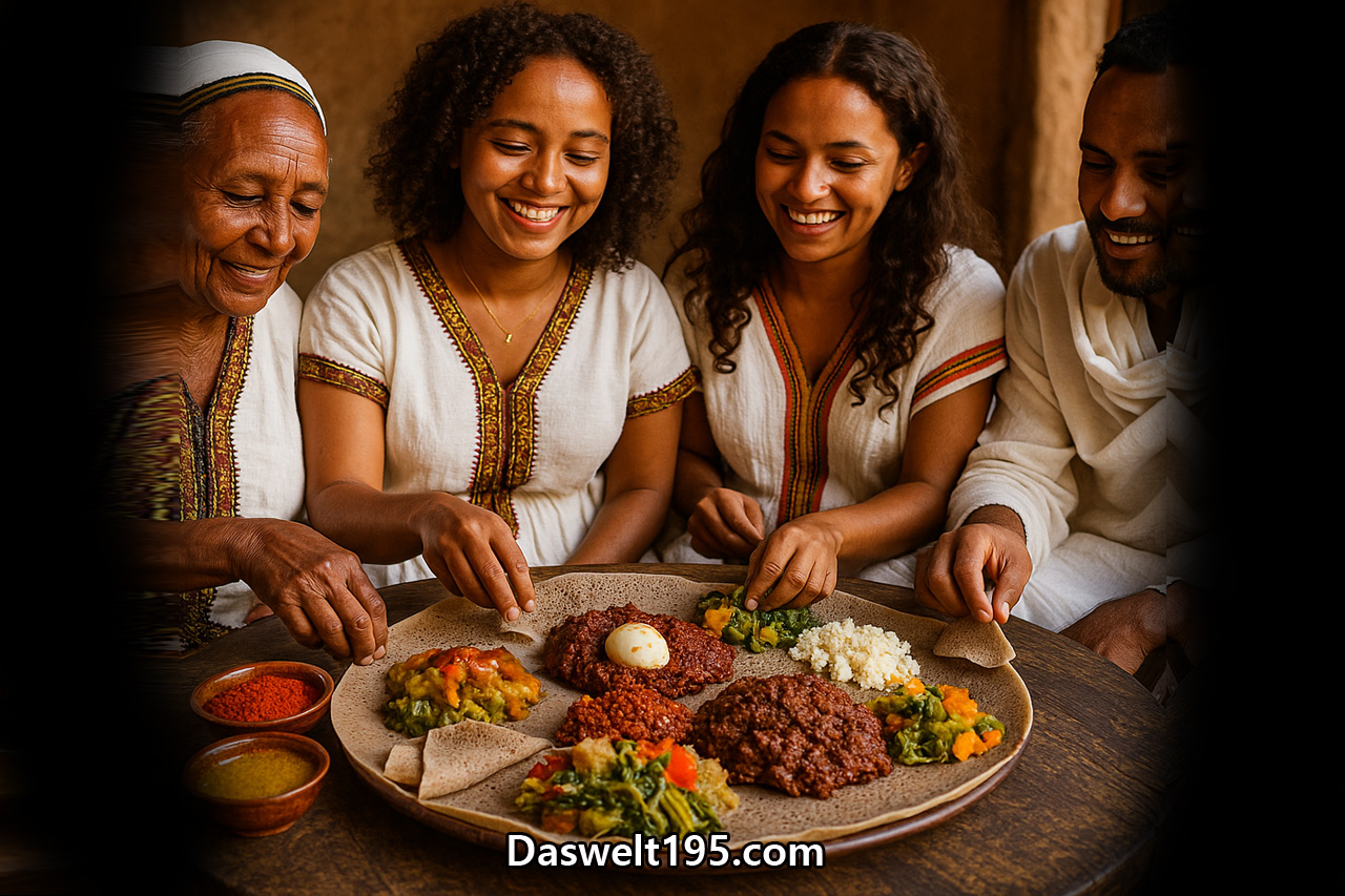 Vier Äthiopier genießen gemeinsam ein traditionelles Essen mit Injera, Doro Wat und Gemüse in familiärer Atmosphäre.
