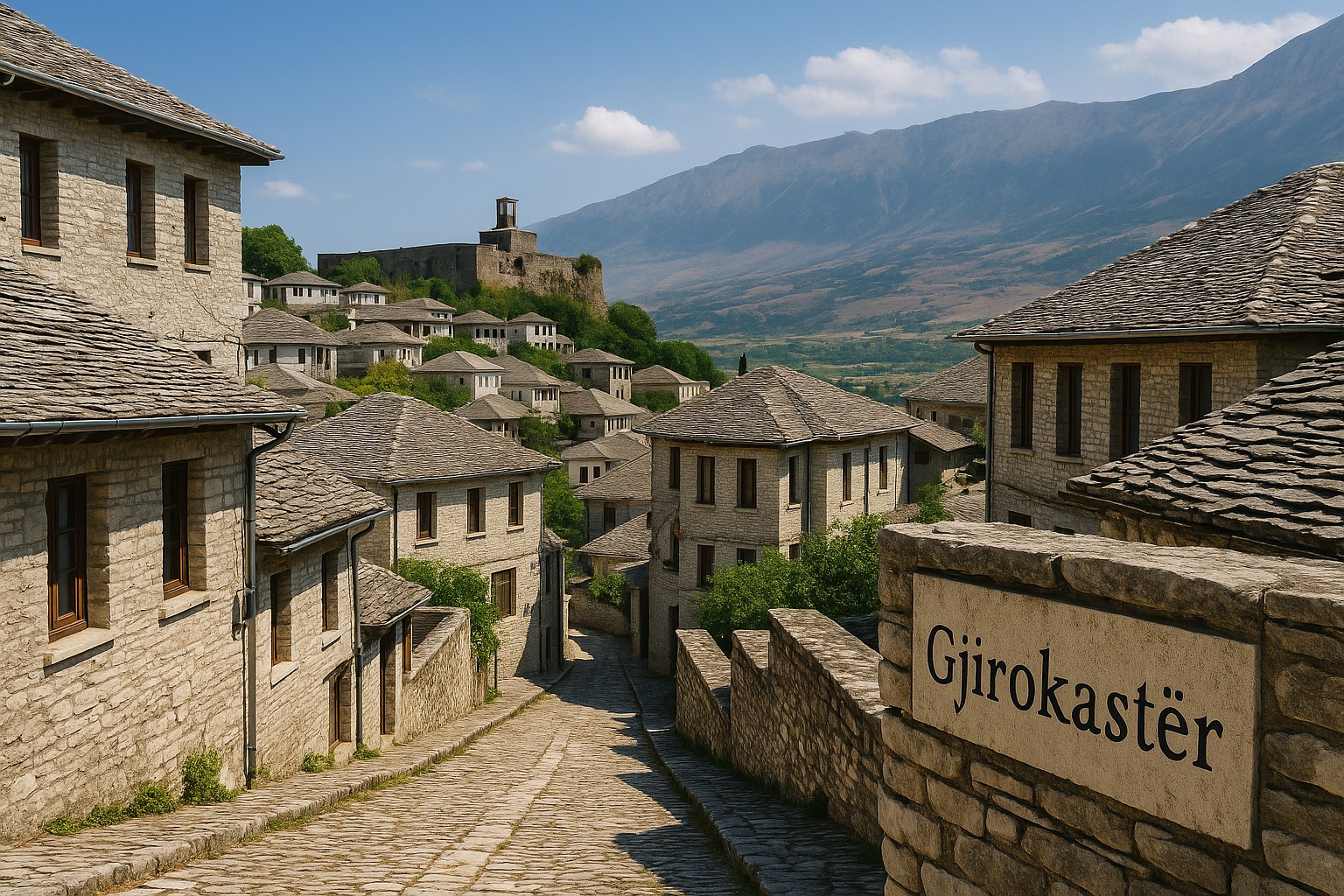 Traditionelle osmanische Steinhäuser mit Schieferdächern entlang einer gepflasterten Straße in Gjirokastër, dahinter die Burg und die Berge im Drino-Tal.
