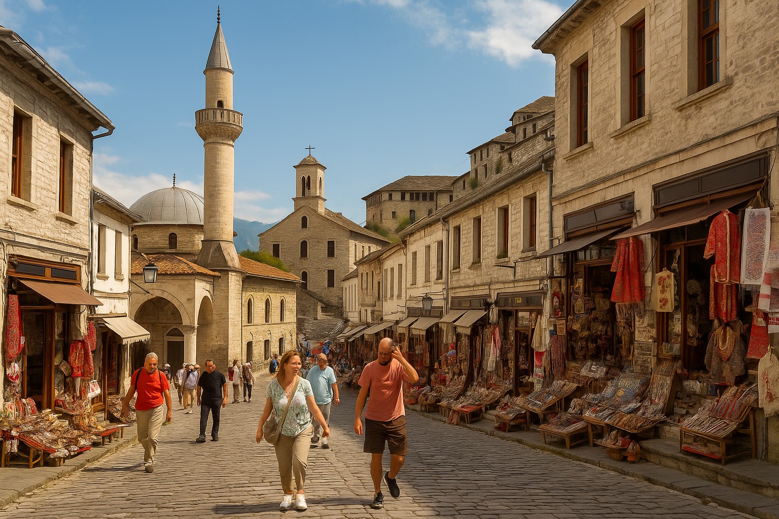 Straßenszene in der Altstadt von Gjirokastra: links ein osmanischer Basar mit bunten Textilien, in der Mitte eine historische Moschee mit Minarett und dahinter eine kleine Kirche mit Glockenturm – Symbol für religiöses Miteinander.
