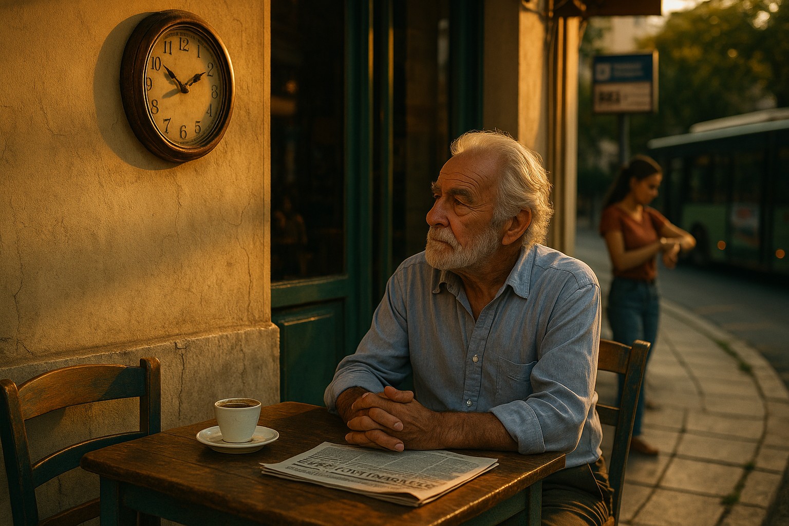 Ein älterer Grieche sitzt in einem Café und blickt entspannt auf eine Uhr – Symbol für die entspannte Zeitkultur in Griechenland.
