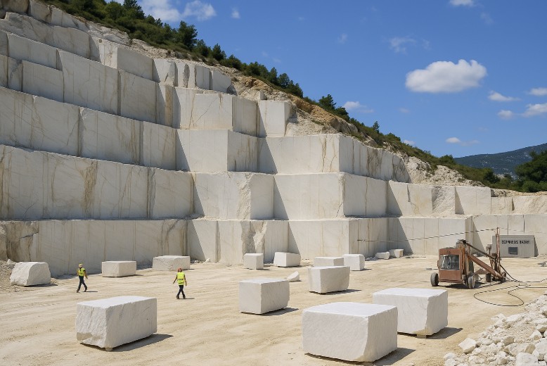 Marmorsteinbruch in Griechenland mit riesigen weißen Marmorblöcken und Arbeitern im Vordergrund.
