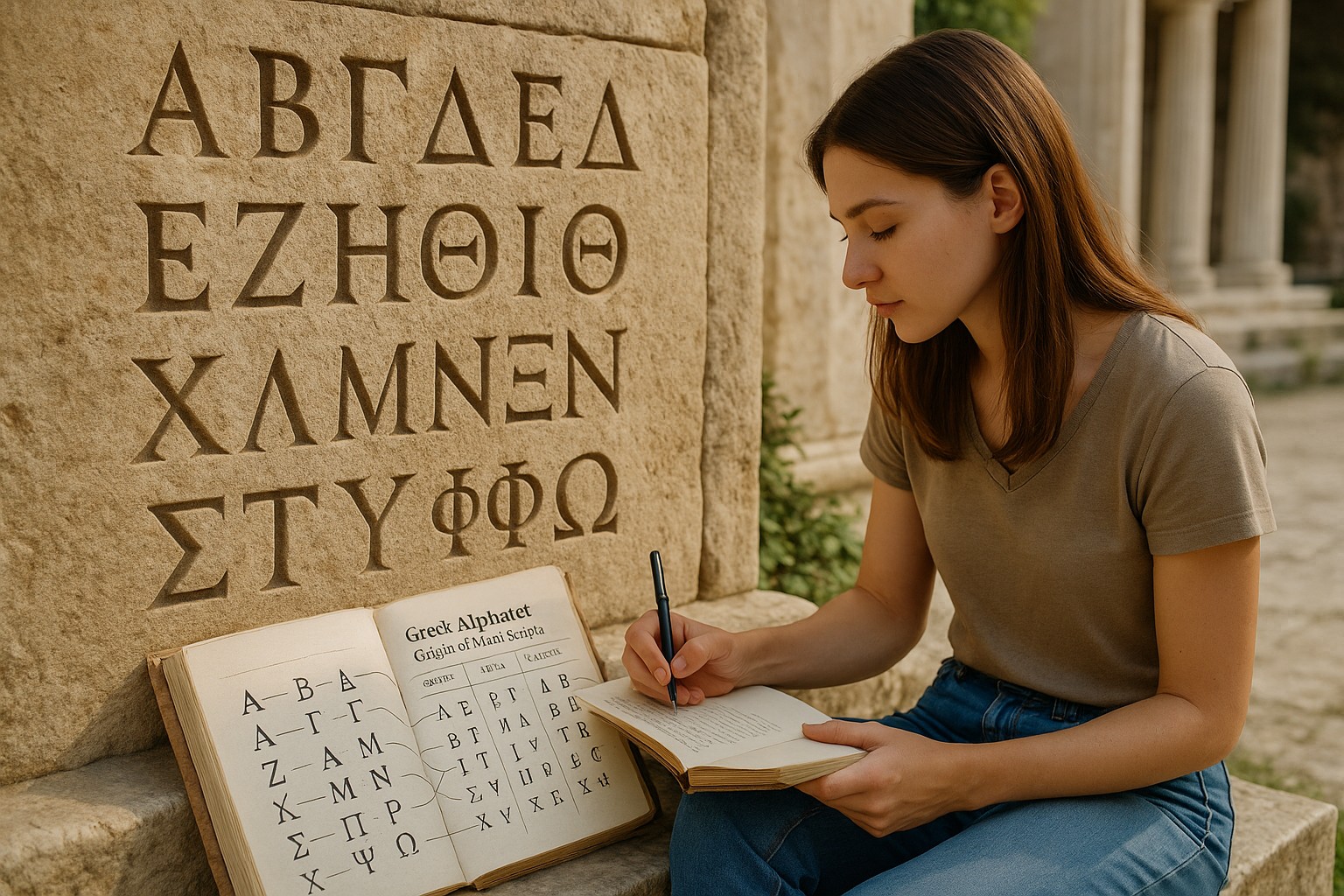 Eine junge Griechin in traditioneller Kleidung steht vor einer großen antiken Steintafel mit eingravierten griechischen Buchstaben. Im Hintergrund sind klassische Marmorsäulen zu sehen.
