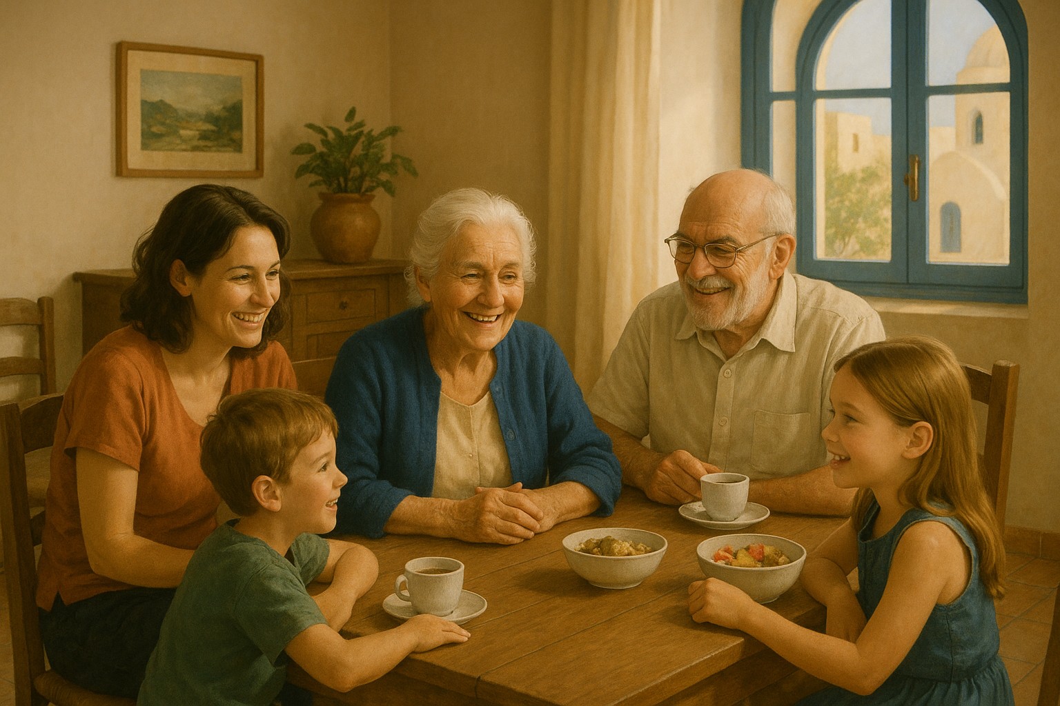 Mehrgenerationenfamilie in einem traditionellen griechischen Wohnzimmer, die zusammen Kaffee trinkt.

