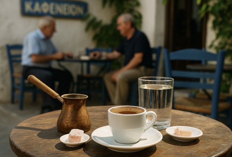Traditionelle griechische Kaffeetafel mit Kupferkanne (Briki), Schaumkaffee in kleiner Tasse, Glas Wasser und Loukoumi auf einem Holztisch.
