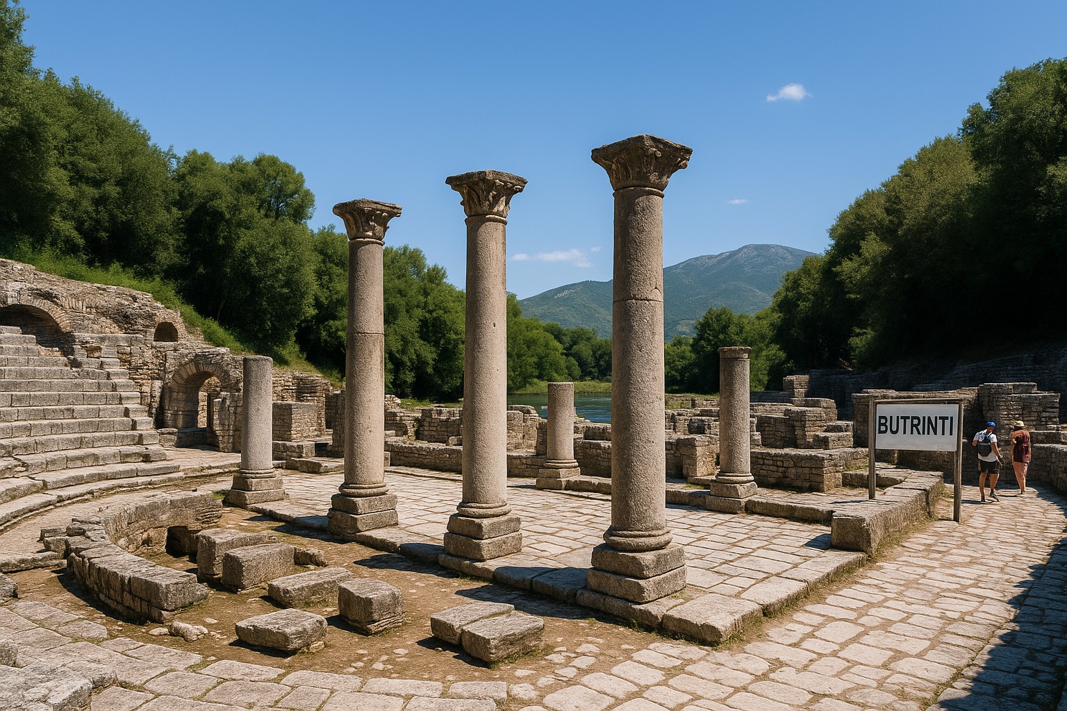 Antike Ruinenstätte in Butrint, Albanien – steinerne Tempelreste, Theaterbögen und gepflasterte Wege, eingebettet in grüne mediterrane Landschaft mit Blick auf eine Lagune.
