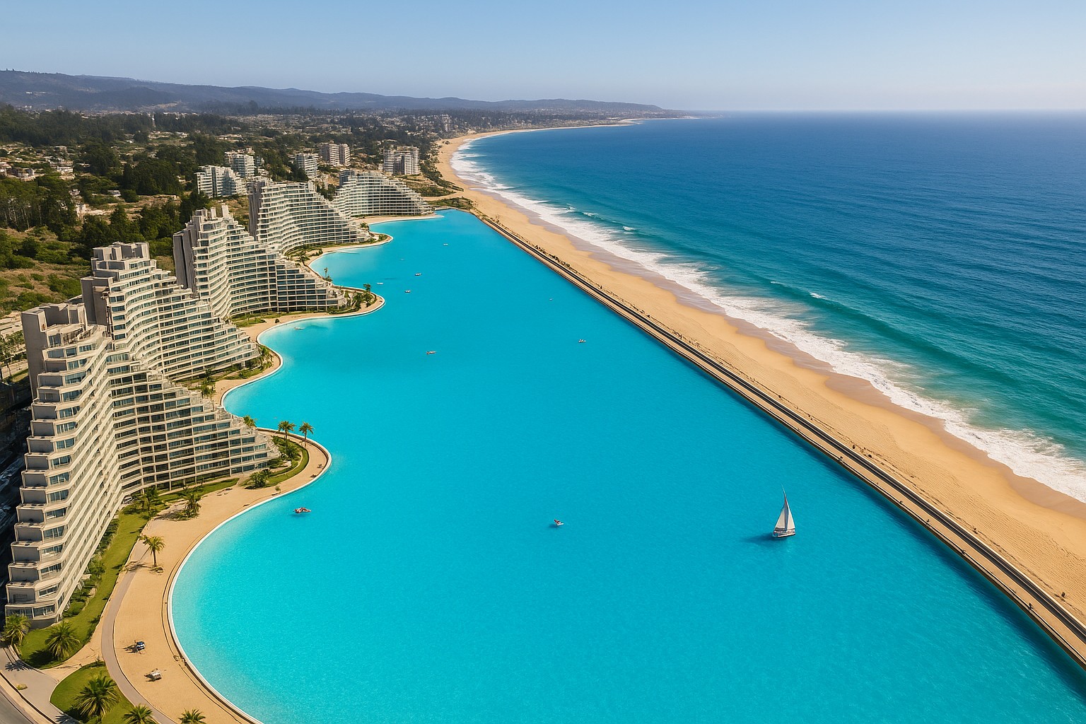 Eine hochauflösende Luftaufnahme zeigt das riesige künstliche Becken des Resorts San Alfonso del Mar in Algarrobo, Chile. Die türkisfarbene Lagune erstreckt sich parallel zum goldenen Strand und dem tiefblauen Pazifik, flankiert von modernen, terrassenförmigen Gebäuden.
