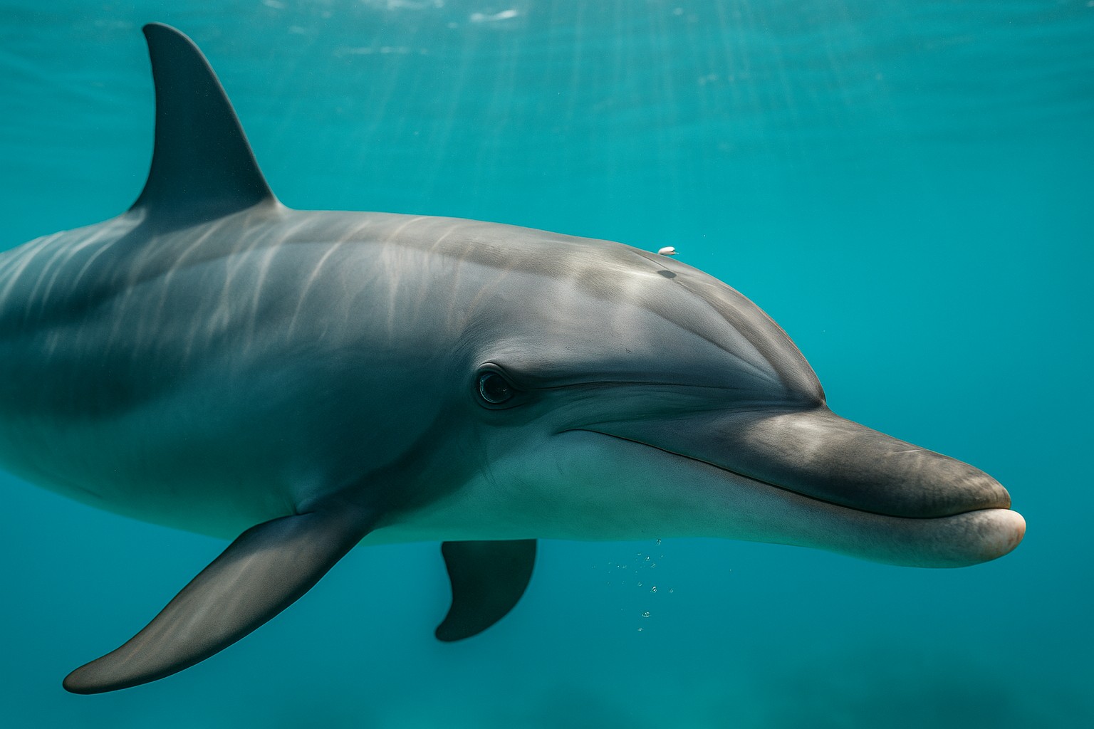 Ein Spinnerdelfin gleitet unter Wasser vor hawaiianischem Hintergrund: Das Auge zur Kamera ist weit geöffnet, während die gegenüberliegende Kopfseite im Lichtschatten liegt; Sonnenstrahlen tanzen im türkisfarbenen Wasser und feine Luftblasen steigen von der Blaslochöffnung auf.
