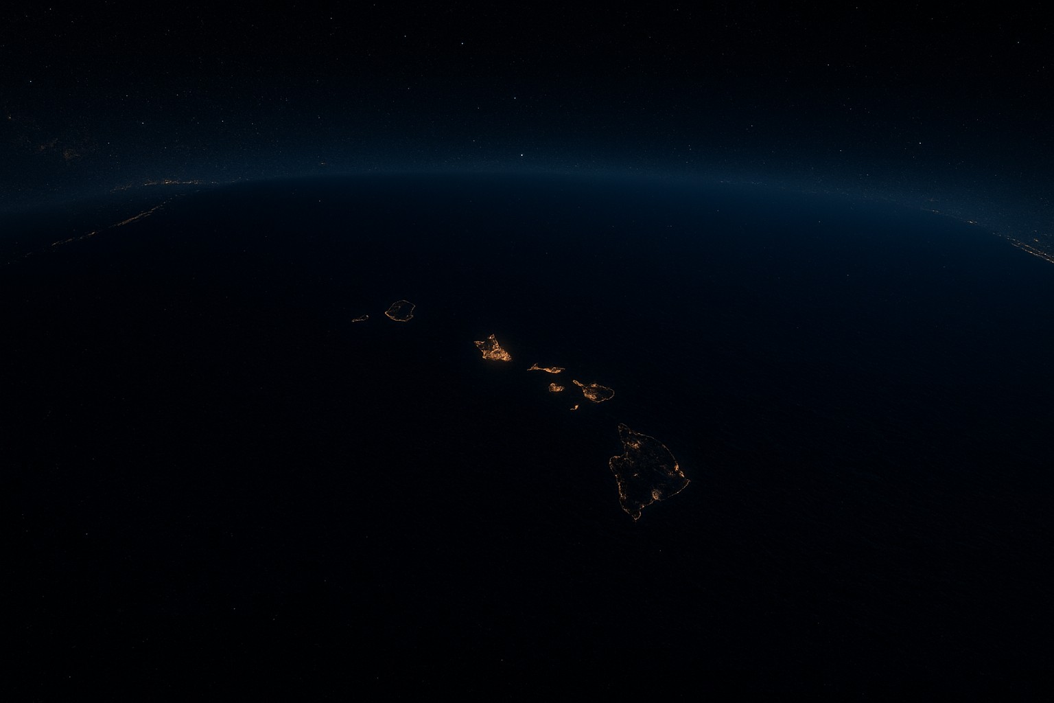 Eine satellitenähnliche Nachtaufnahme zeigt die hawaiianischen Inseln als leuchtendes Inselband inmitten der schwarzen Weite des Pazifiks; am Horizont zeichnen sich schwach die Küstenlichter Nordamerikas und Asiens ab.
