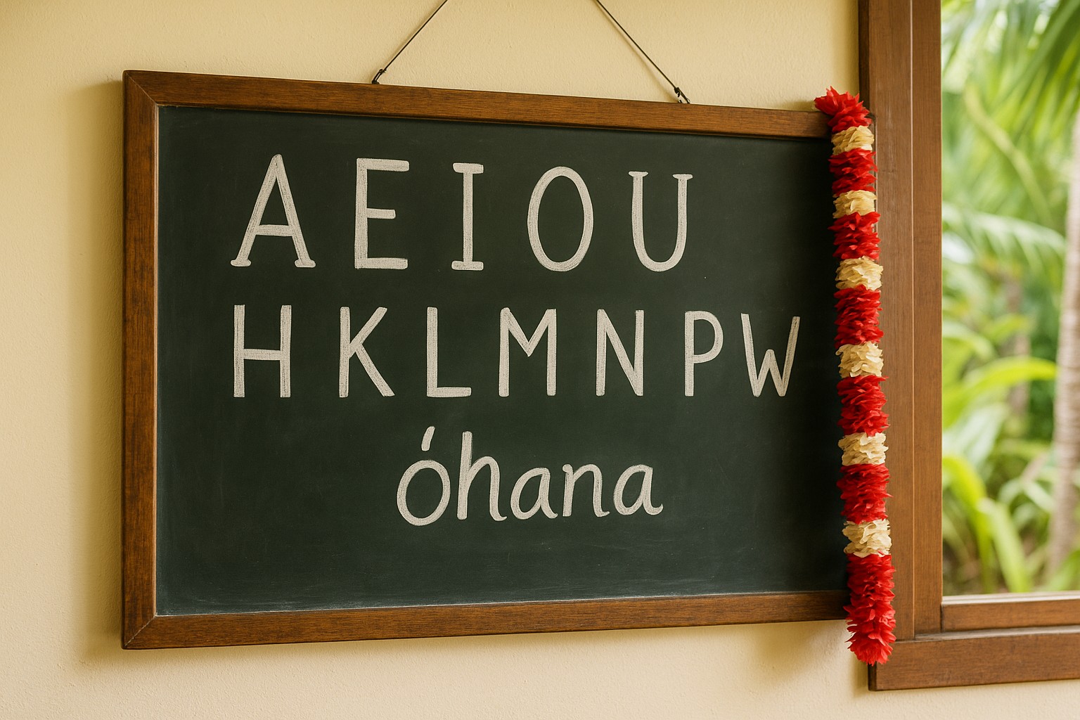 Eine klassische Schultafel in einem hawaiianischen Klassenraum zeigt mit weißer Kreide die fünf Vokale „AEIOU“, darunter die sieben Konsonanten „HKLMNPW“ und das Wort „ʻohana“. Rechts hängt eine rot‑weiße Leikette, durch das offene Fenster sieht man Tropengrün.
