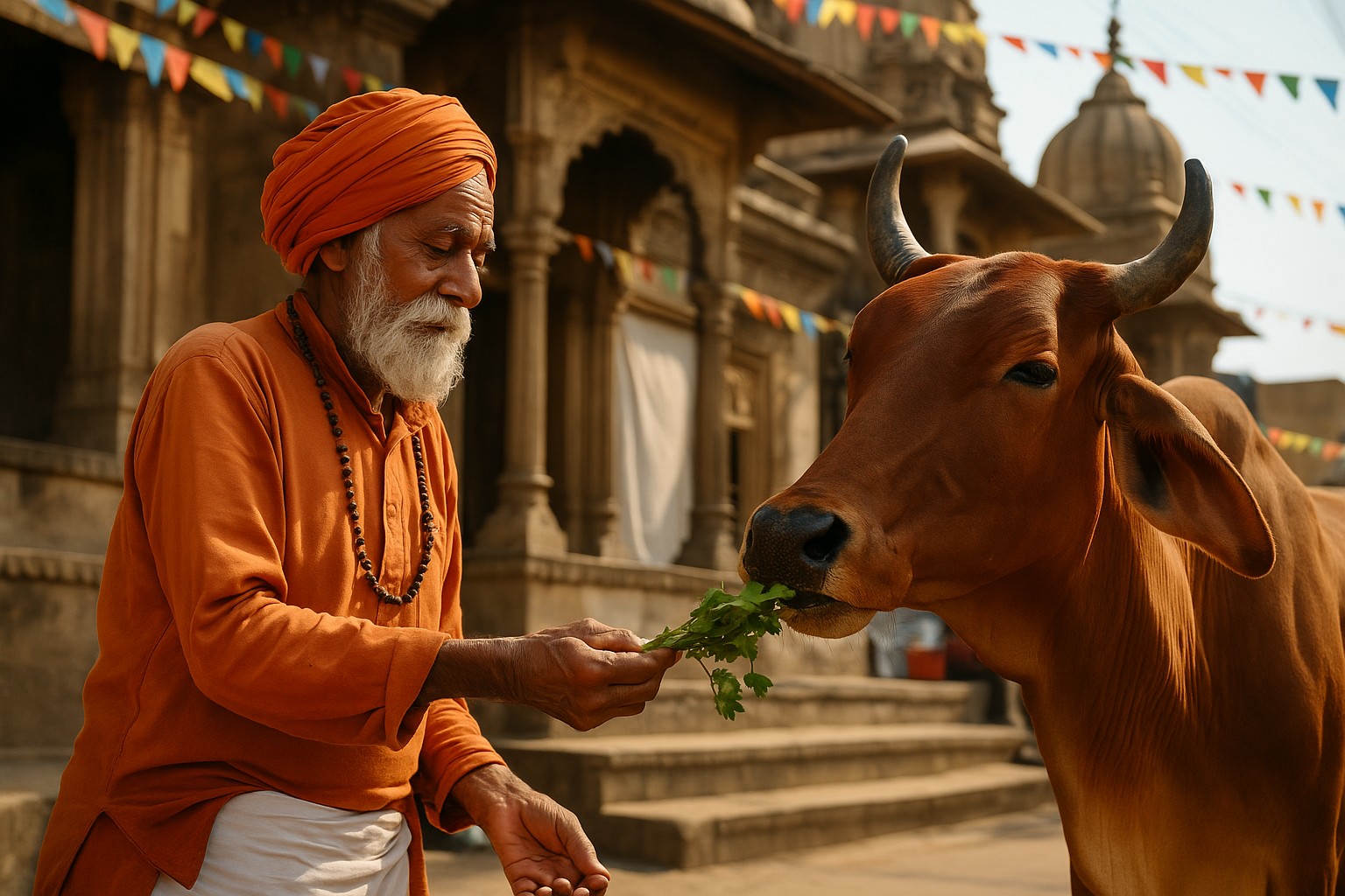 Ein älterer indischer Mann mit orangefarbenem Turban füttert eine heilige braune Kuh mit frischen grünen Blättern vor einem hinduistischen Tempel, während bunte Fahnen im Hintergrund flattern.
