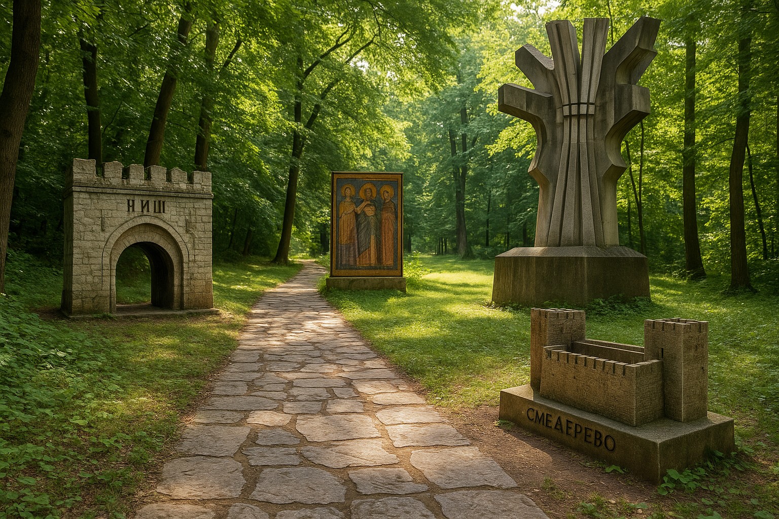 Ein hochauflösendes Foto zeigt einen Steinweg durch einen üppigen Wald, gesäumt von Miniatur-Nachbildungen serbischer Denkmäler wie dem Tor von Niš, einem Fresko aus Dečani, einem jugoslawischen Betonmonument und einer Miniatur der Festung Smederevo.
