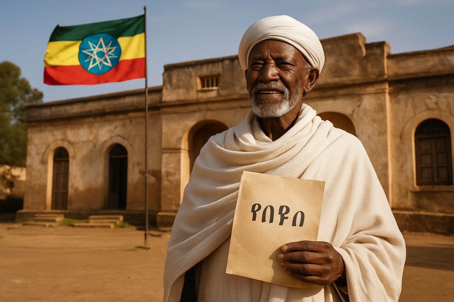 A high-resolution photograph captures an elderly Ethiopian man in traditional white clothing standing proudly in front of an old government building, holding a document labeled “መነሻ” (Freedom). The Ethiopian flag waves beside him under warm daylight.
