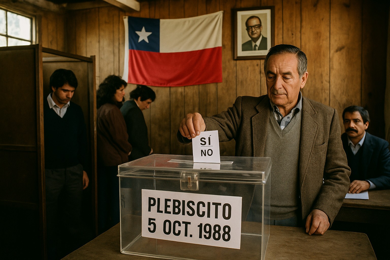 Ein historisches Wahllokal in Chile (1988): Ein älterer Mann wirft einen „Sí/No“-Stimmzettel in eine transparente Urne mit der Aufschrift „Plebiscito 5 Oct. 1988“, während eine chilenische Flagge und ein Porträt von Salvador Allende die hölzerne Rückwand schmücken.
