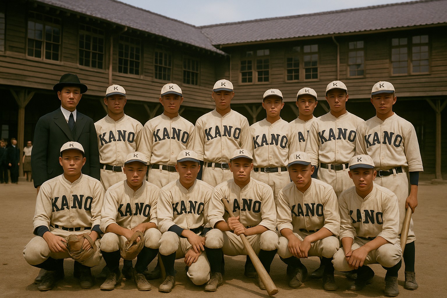 Ein farbiges historisches Foto zeigt das Baseballteam der KANO-Schule aus Taiwan in den 1930er Jahren. Die jungen Männer in cremefarbenen Uniformen mit "KANO"-Aufdruck stehen in zwei Reihen auf einem Sandplatz vor einem traditionellen japanischen Schulgebäude aus Holz.
