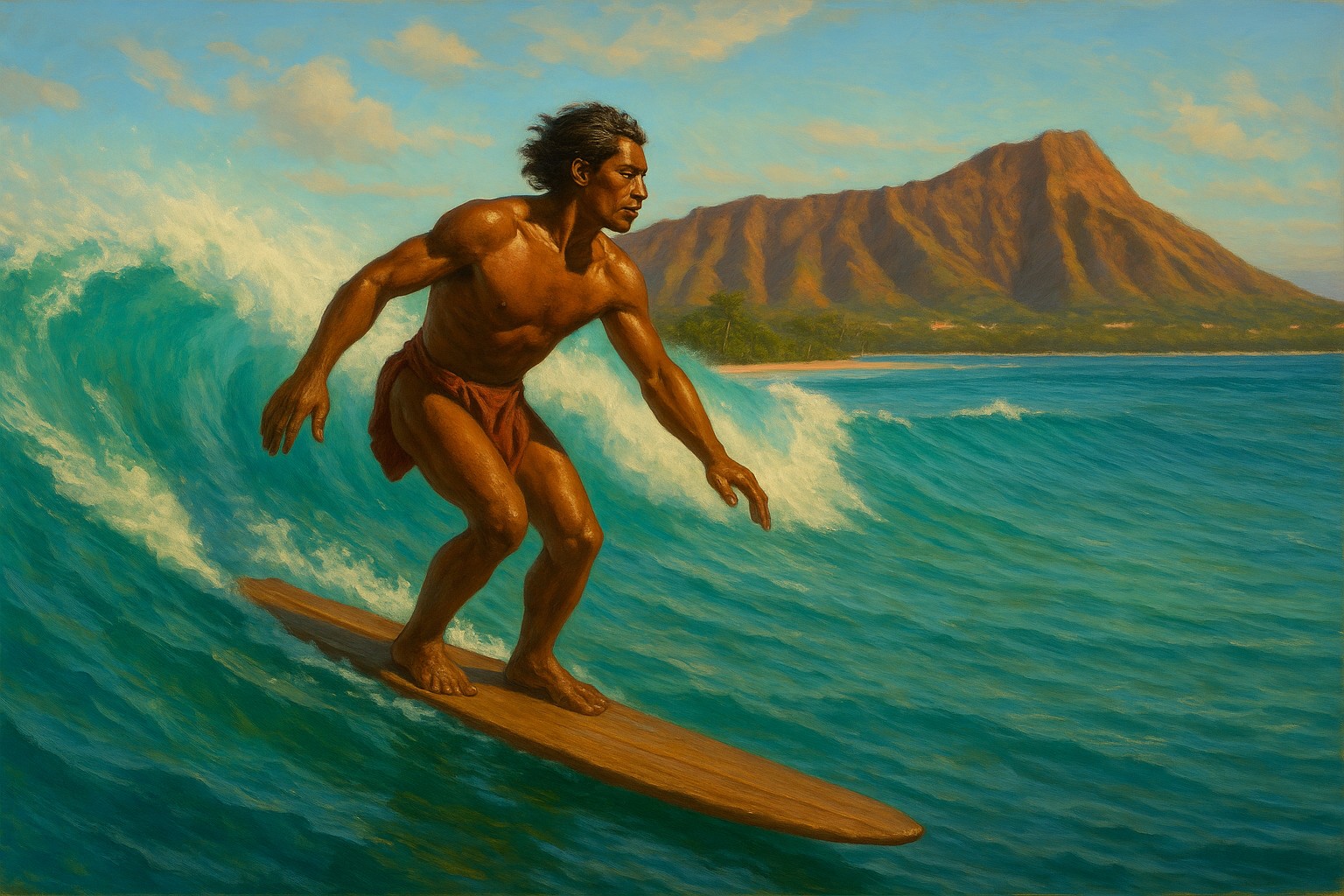 Ein traditionelles Ölgemälde zeigt einen polynesischen Surfer mit muskulösem Körper, der auf einem hölzernen Surfbrett eine türkisfarbene Welle reitet. Im Hintergrund ist der Diamond-Head-Berg vor einer sonnigen tropischen Landschaft mit Palmen zu sehen.
