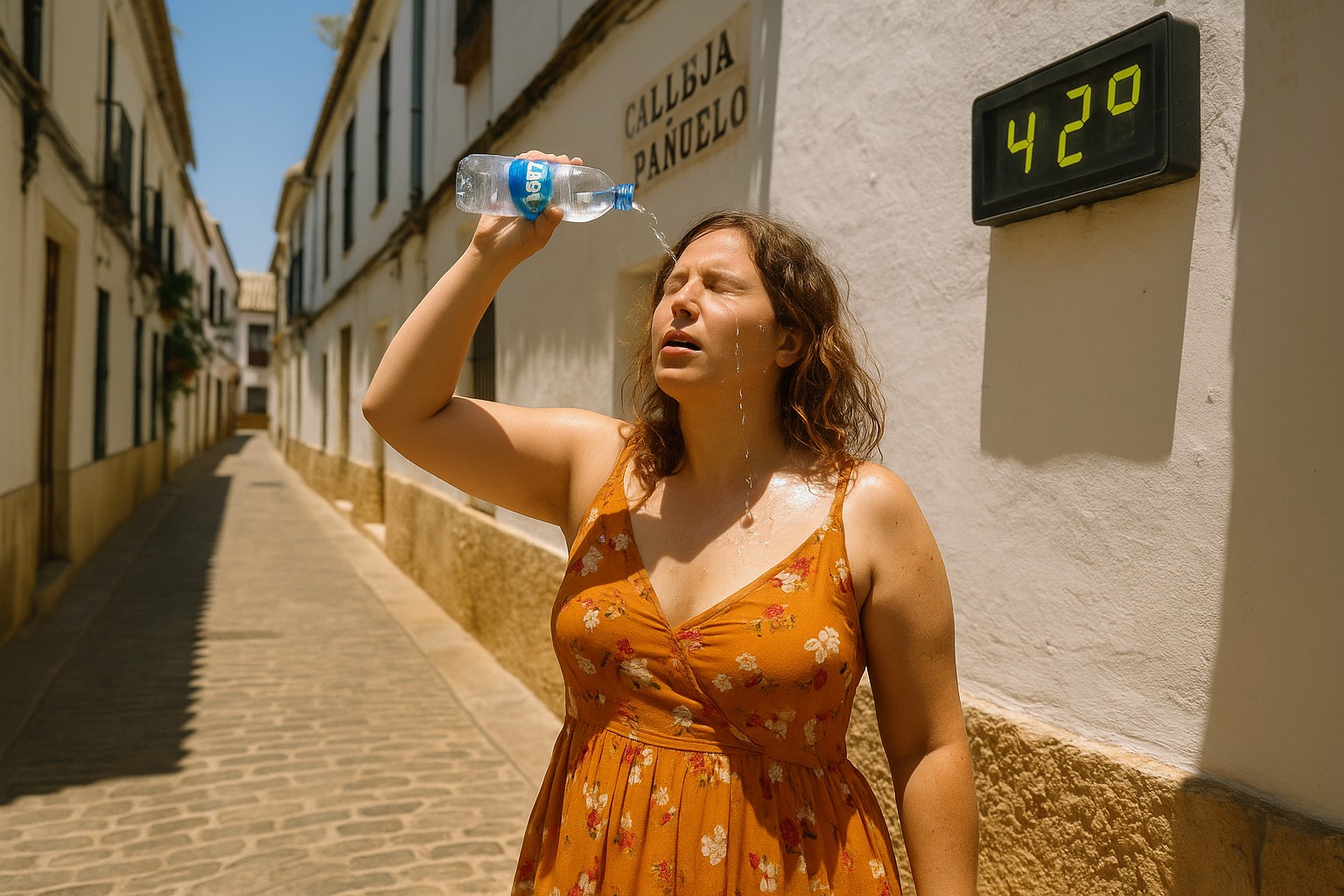 Eine junge Frau steht an einem sonnigen Sommertag in einer Gasse in Córdoba und gießt sich Wasser aus einer Flasche ins Gesicht, während ein Thermometer an der Wand 42°C anzeigt. 