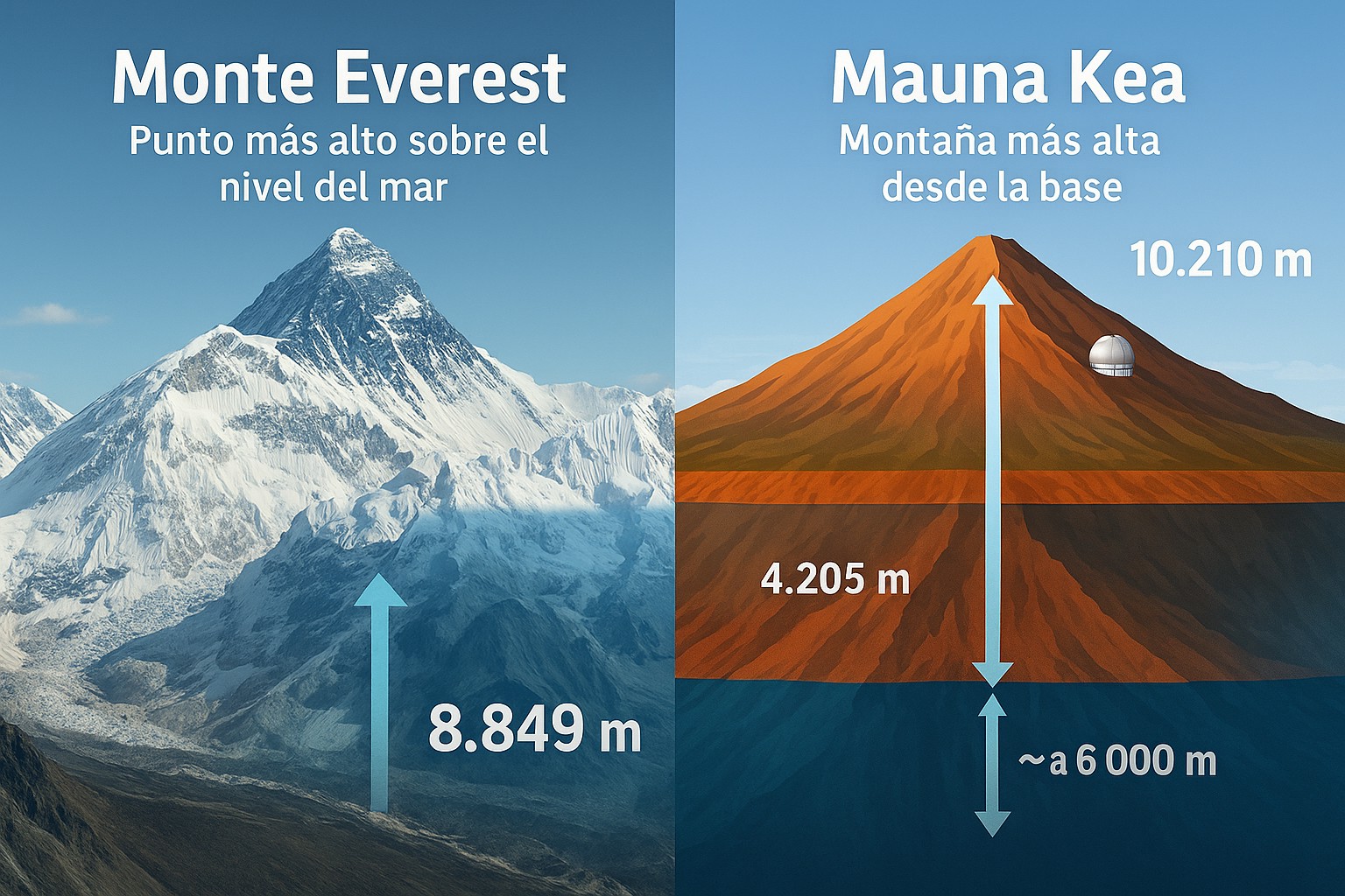 Vergleichsgrafik: Links ein Foto des schneebedeckten Mount Everest mit einem blauen Höhenpfeil (8 849 m); rechts eine Illustration des hawaiianischen Mauna Kea, dessen oberirdischer Teil (4 205 m) und sein unterseeischer Sockel (≈ 6 000 m) mit einem durchgehenden Pfeil auf insgesamt 10 210 m gekennzeichnet sind. Spanische Beschriftungen erklären beide Berge.
