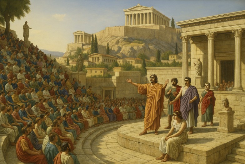 Historische Darstellung eines antiken Theaterstücks im Dionysos-Theater in Athen mit Publikum und Akropolis im Hintergrund.
