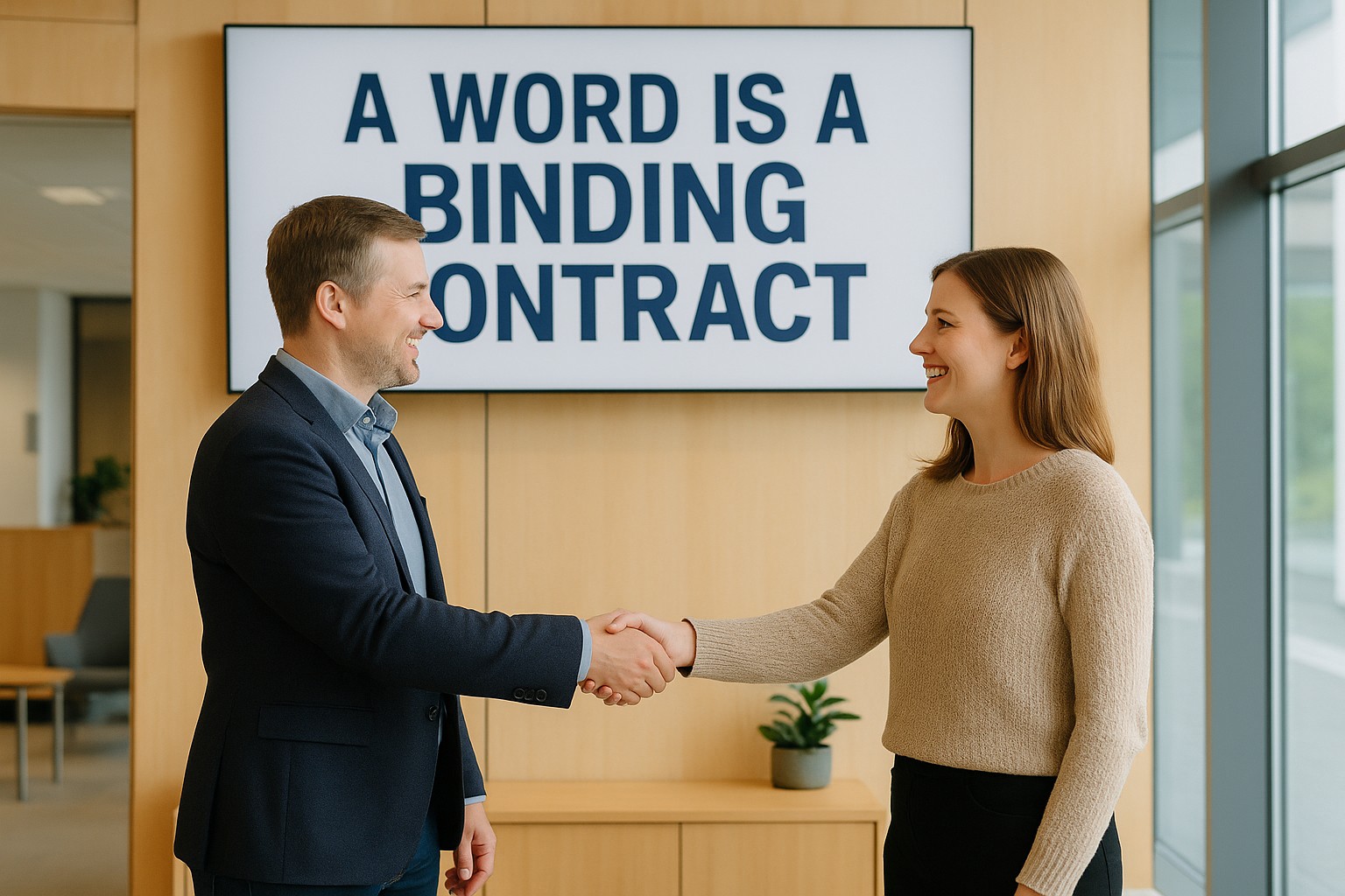 Zwei Finnen geben sich per Handschlag die Hand vor einem Schild „A Word is a Binding Contract“ in einem modernen, hellen Büro mit skandinavischem Design.
