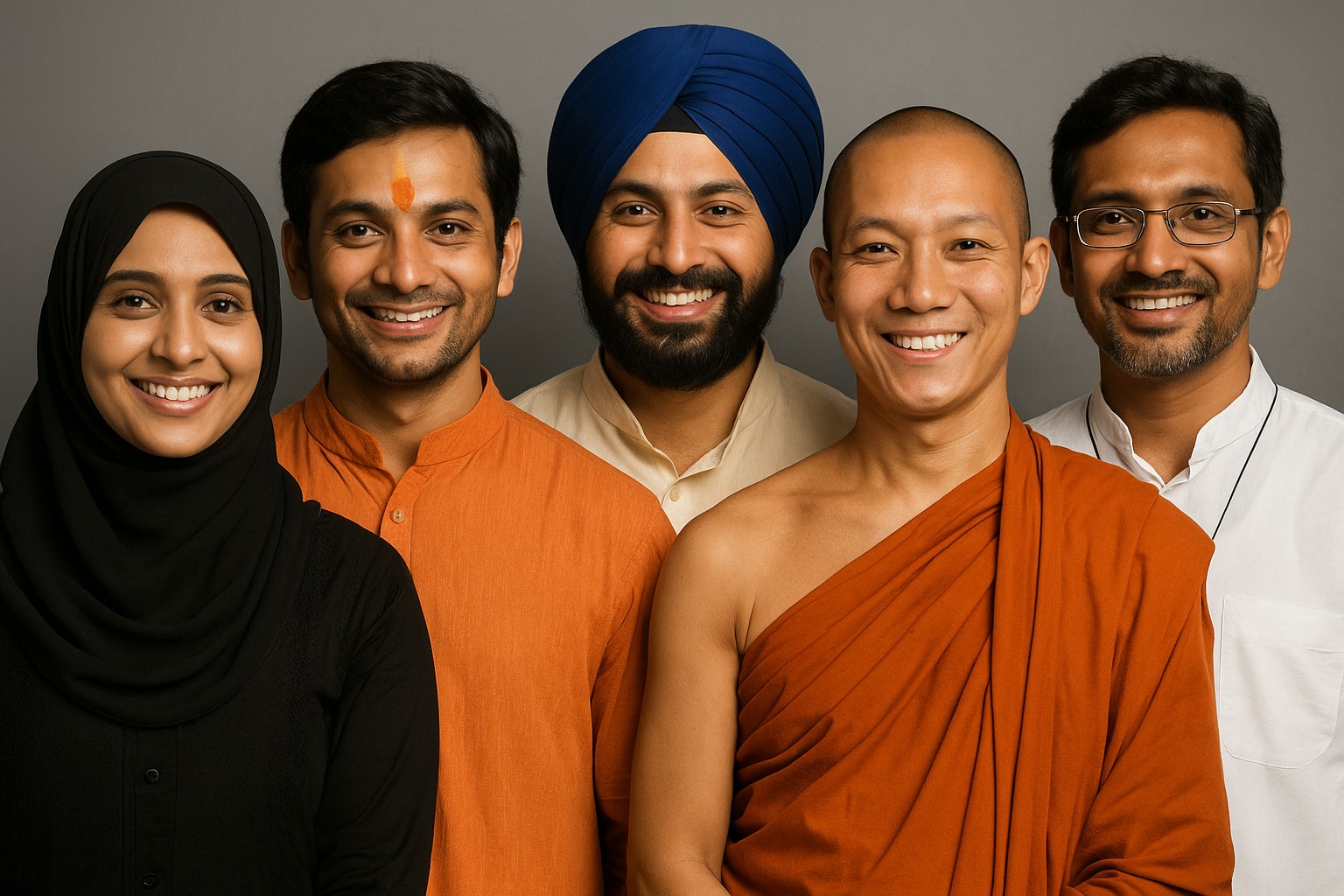 Fünf Inder unterschiedlicher Religionen stehen nebeneinander vor einem grauen Hintergrund. Eine muslimische Frau mit schwarzem Hijab, ein Hindu mit Tilaka, ein Sikh mit blauem Turban, ein buddhistischer Mönch in orangerobe und ein christlicher Mann mit Kreuzkette – alle lächeln und zeigen Einigkeit in Vielfalt.
