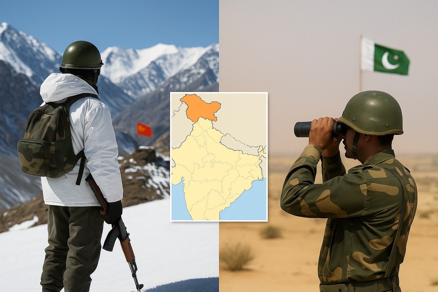 Zweiteiliger Grenzkontrast: Links steht ein indischer Soldat in weißer Winteruniform im verschneiten Ladakh vor einer chinesischen Grenzflagge; rechts späht ein indischer Wüstensoldat in Rajasthan durch ein Fernglas auf eine pakistanische Flagge. In der Mitte verdeutlicht eine kleine Indienkarte die beiden Spannungsgebiete.
