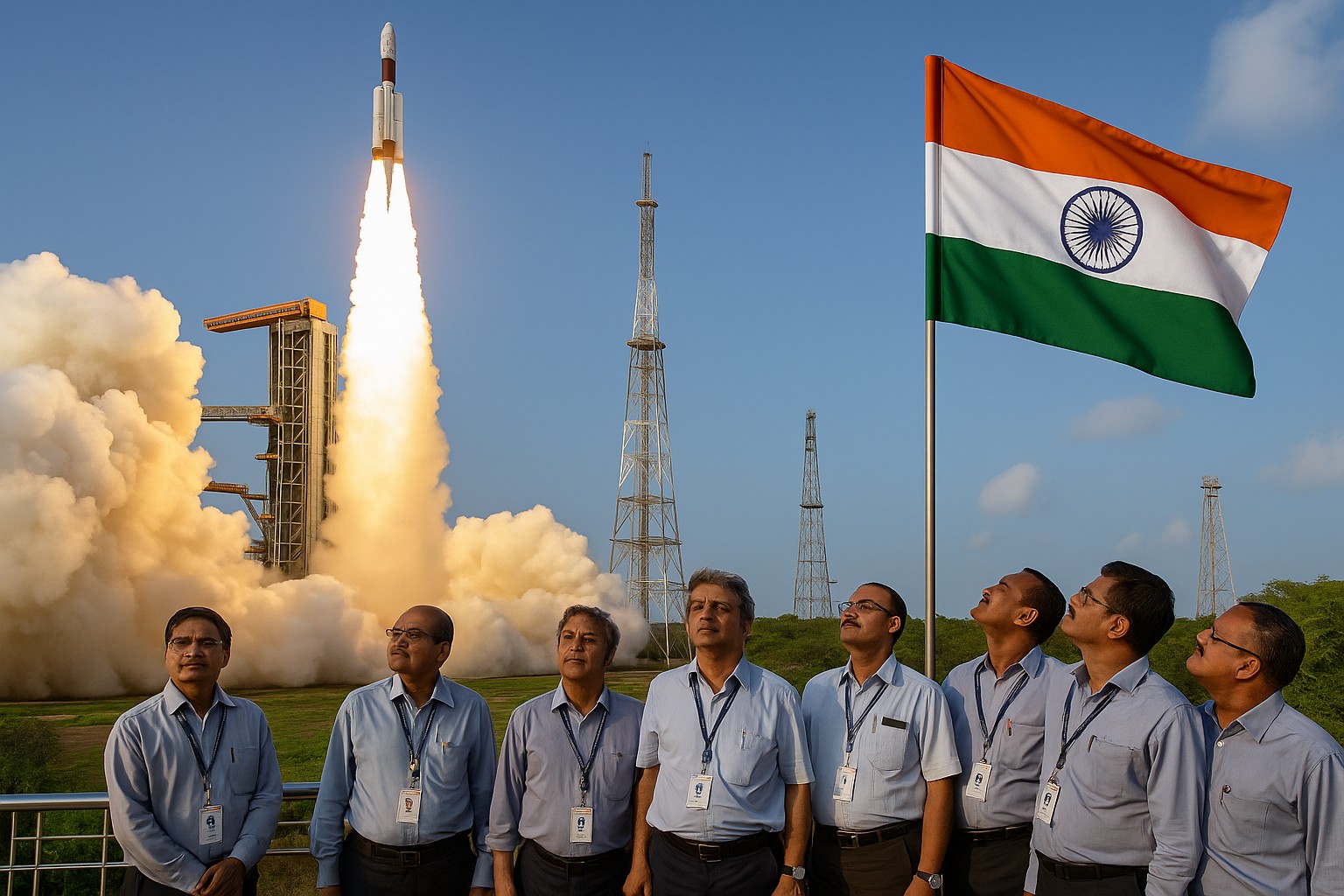 Indische Raumfahrtwissenschaftler beobachten den erfolgreichen Start einer Rakete, während die indische Flagge im Vordergrund weht.
