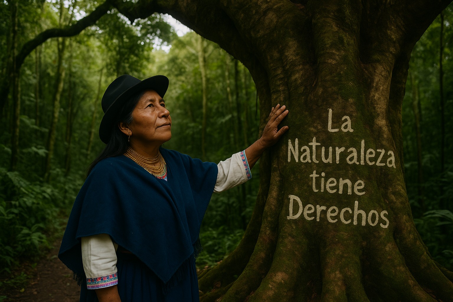 Eine indigene ecuadorianische Frau mittleren Alters steht im Regenwald und berührt den Stamm eines mächtigen Baumes, auf dem auf Spanisch „La Naturaleza tiene Derechos“ geschrieben steht.
