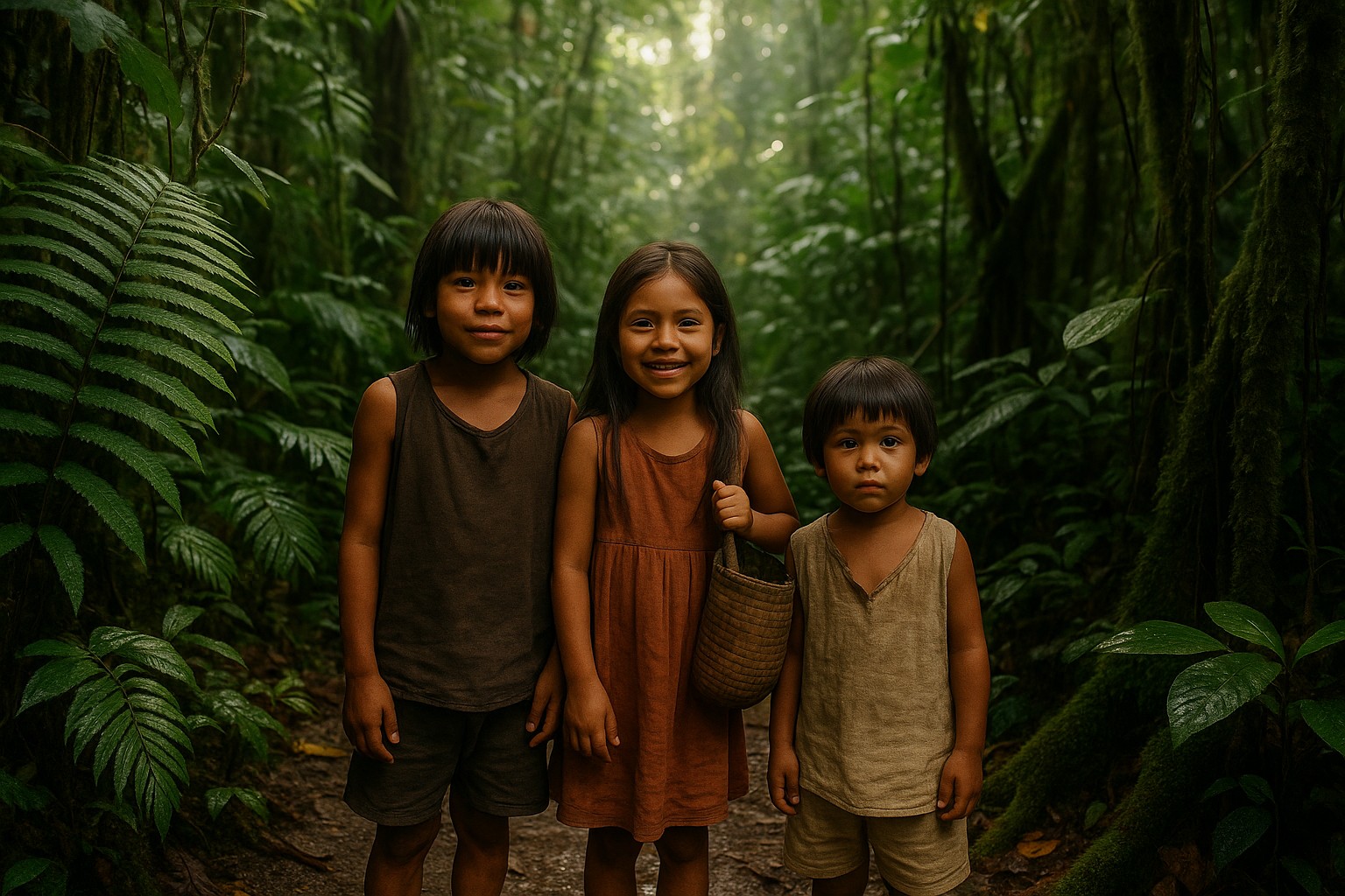Drei indigene Kinder aus dem ecuadorianischen Amazonasgebiet stehen auf einem schmalen Pfad im Regenwald, umgeben von üppigem Grün. Das Mädchen in der Mitte trägt ein orangefarbenes Kleid und hält einen geflochtenen Korb, während die beiden Jungen neben ihr einfache Leinenkleidung tragen. Sonnenlicht fällt durch das Blätterdach und beleuchtet sanft ihre Gesichter.
