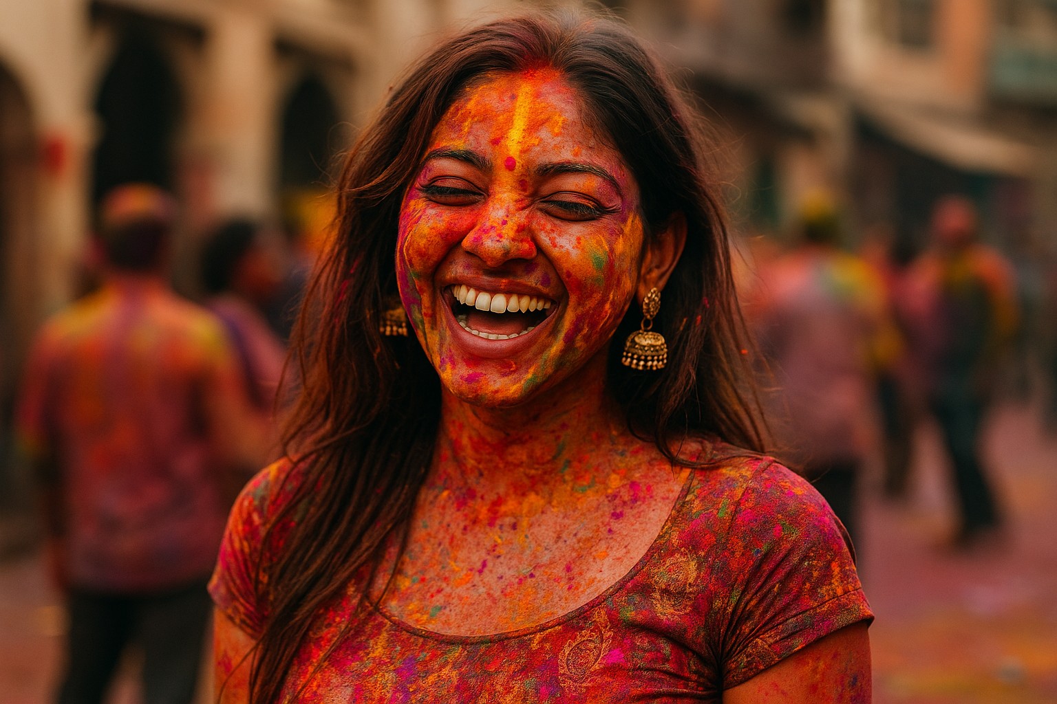 Eine junge indische Frau lacht ausgelassen beim Holi-Fest, ihr Gesicht und ihre Kleidung sind mit bunten Farbpulvern bedeckt, während im Hintergrund Menschen und Gebäude in Unschärfe erscheinen.
