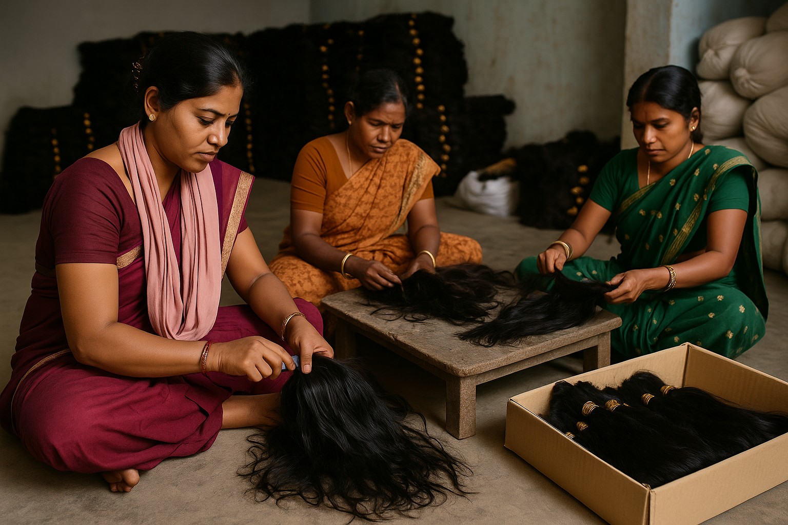 Drei indische Frauen in traditioneller Kleidung sitzen in einer Haarverarbeitungsfabrik und sortieren sorgfältig lange schwarze Haarsträhnen auf einem Holztisch, umgeben von Kartons und Säcken voller Haare.
