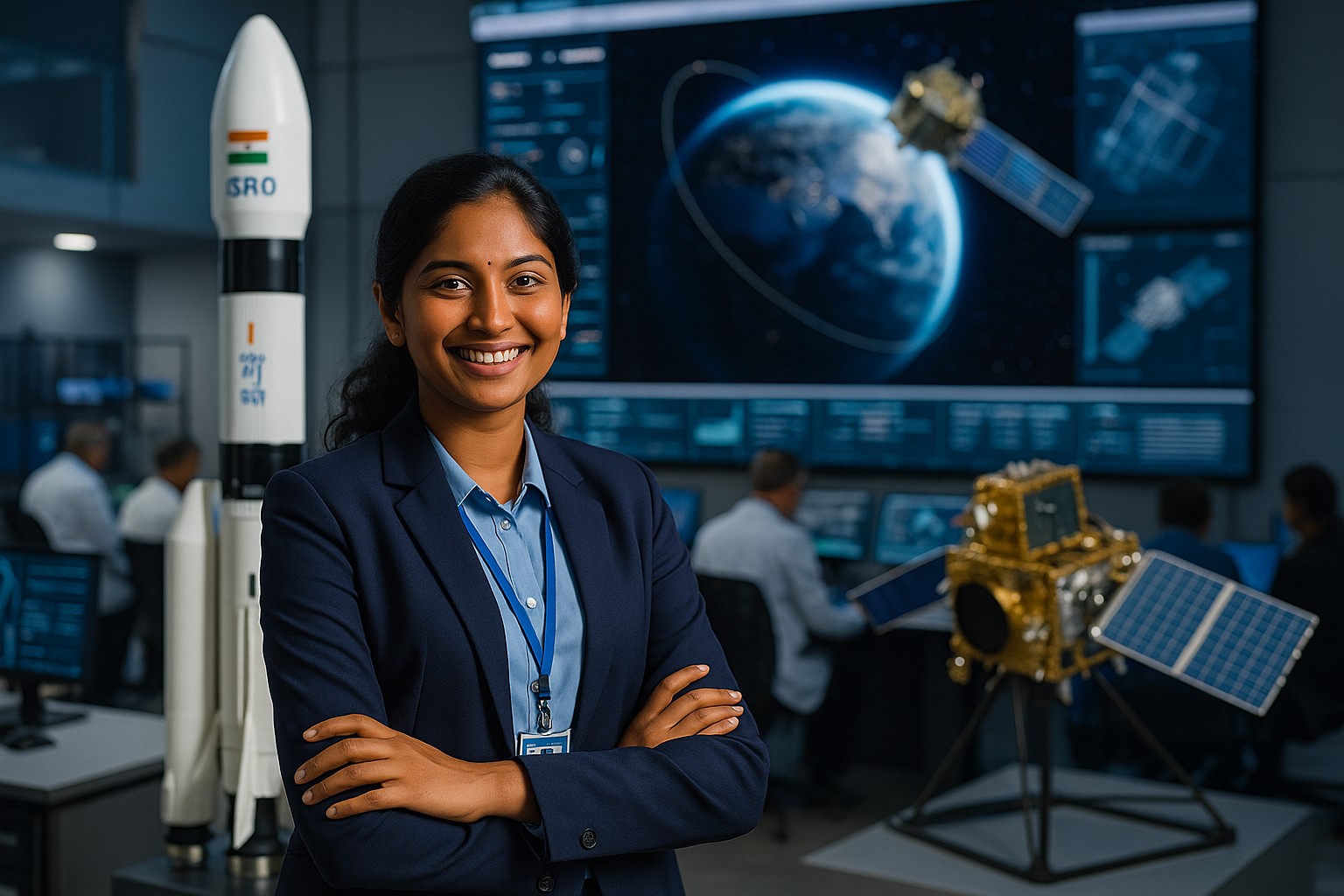 Eine junge indische Luft- und Raumfahrtingenieurin steht selbstbewusst in einem modernen Kontrollzentrum vor einem ISRO-Raketenmodell und einem Satelliten, mit Monitoren im Hintergrund.

