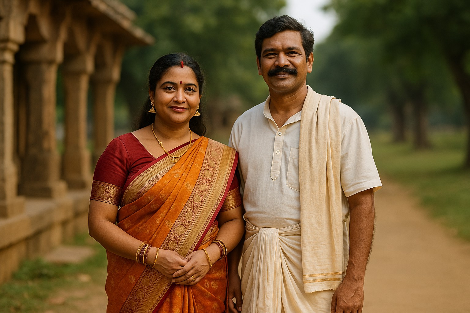 Ein indisches Ehepaar steht nebeneinander in traditioneller Kleidung – die Frau trägt einen orangefarbenen Saree mit goldenen Mustern, der Mann einen weißen Dhoti und ein passendes Hemd. Der Hintergrund zeigt alte Sandsteinbögen und grüne Bäume in weichem Tageslicht.
