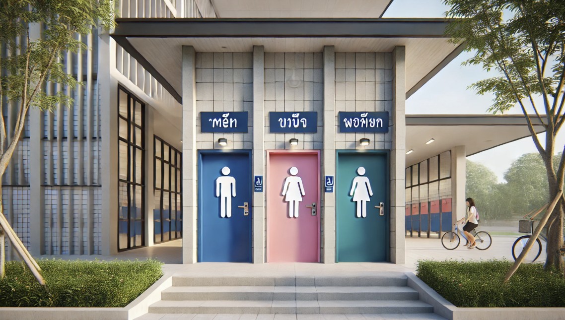 Drei farbige Toilettentüren in einer thailändischen Schule oder Behörde: Blau für Männer, Pink für das dritte Geschlecht, Rot für Frauen – alle mit thailändischen Beschriftungen.
