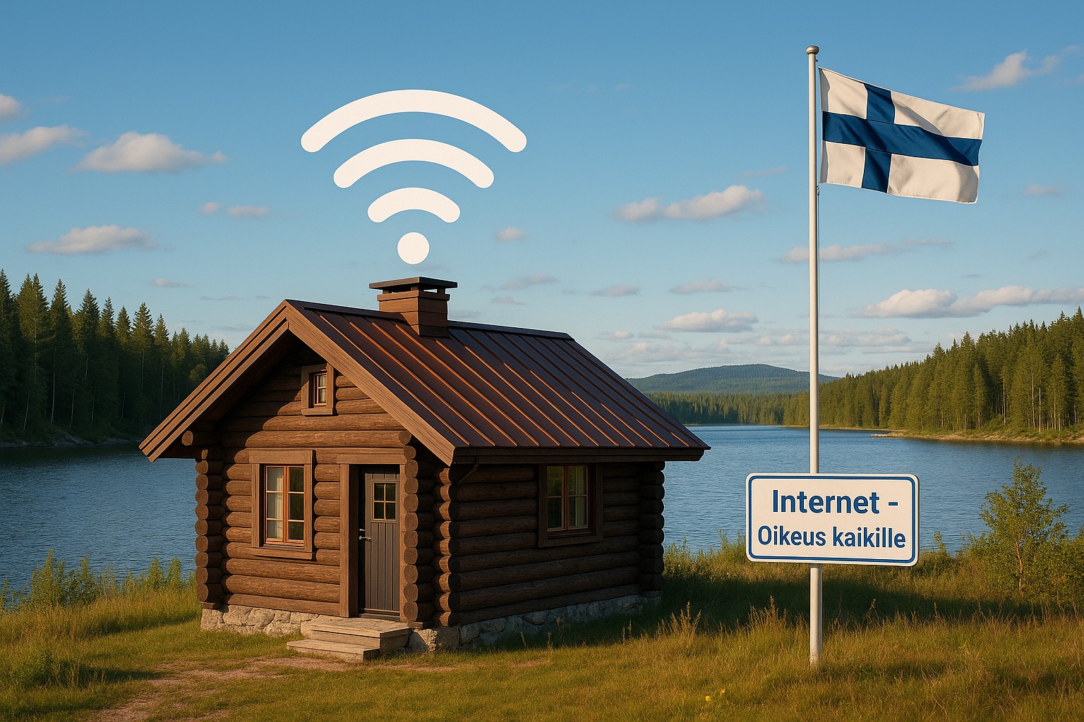 Blockhütte am See in Finnland mit WLAN-Symbol über dem Dach und einem Schild „Internet – Oikeus kaikille“ neben der finnischen Flagge.
