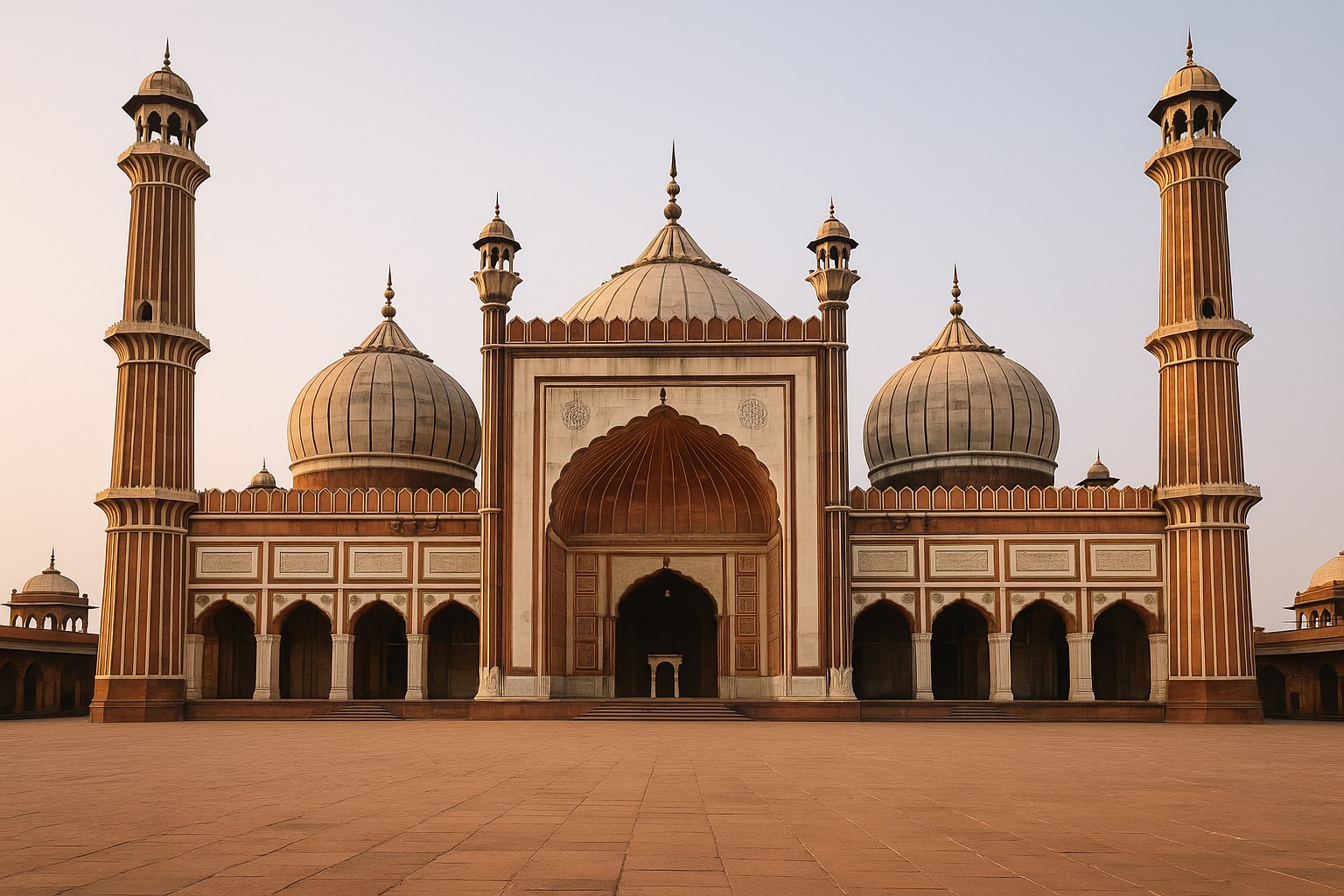 Eine hochauflösende Fotografie zeigt die monumentale Jama Masjid in Delhi, eine der größten Moscheen Indiens, mit ihrem weitläufigen Innenhof, den eleganten Kuppeln und den hohen Minaretten, bei Tageslicht aufgenommen.
