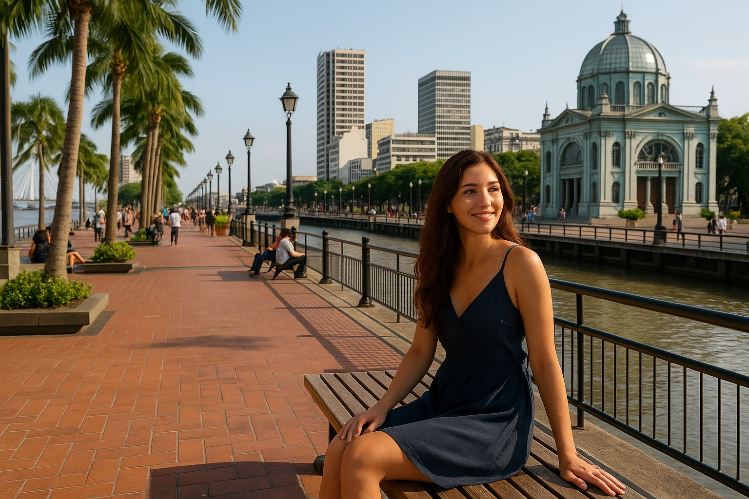 Eine junge Frau sitzt entspannt auf einer Holzbank entlang der Uferpromenade Malecón 2000 in Guayaquil, Ecuador, mit dem Fluss Guayas und der städtischen Skyline im Hintergrund.
