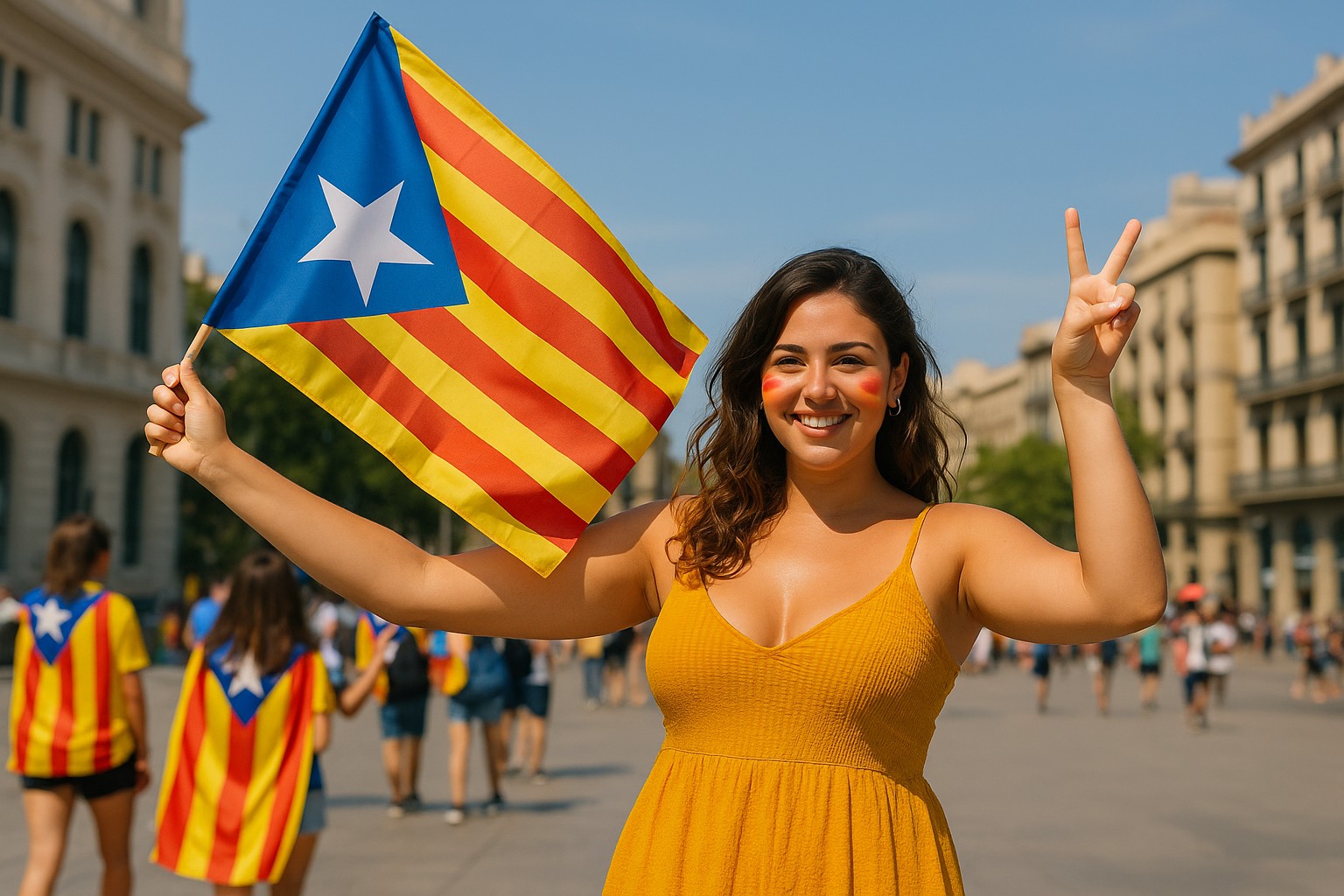 Eine junge katalanische Frau mit sommerlichem Kleid steht stolz auf einem sonnigen Platz in Barcelona und hält eine katalanische Flagge, während die Umgebung mediterran und städtisch wirkt. 