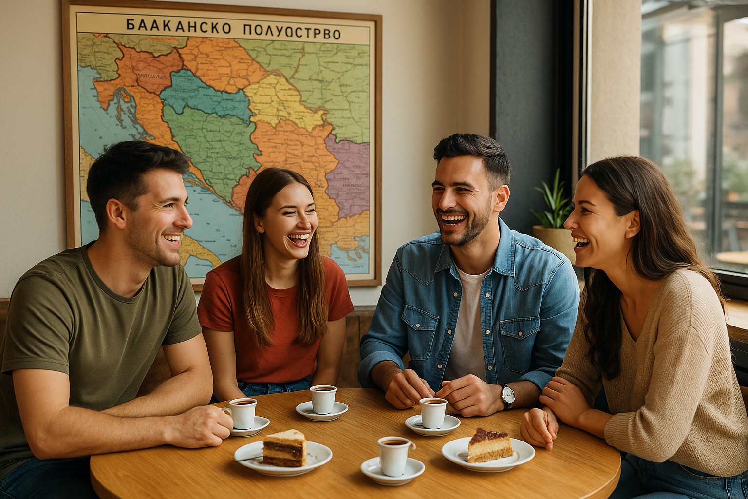 Vier junge Erwachsene mit heller Haut sitzen lachend an einem runden Holztisch in einem sonnendurchfluteten Café, trinken traditionellen serbischen Kaffee und essen Kuchen, mit einer bunten Balkan-Karte an der Wand im Hintergrund.
