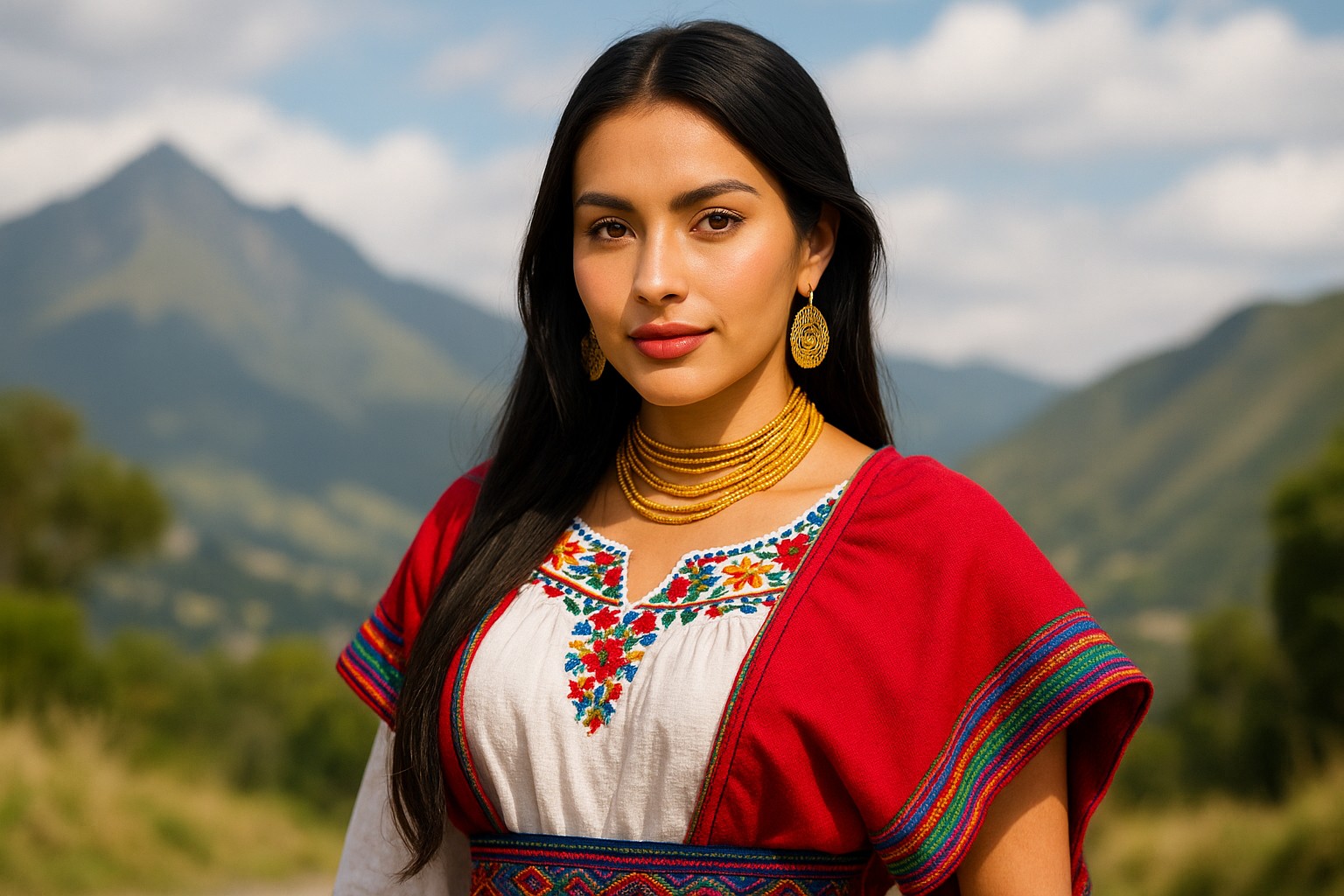 Eine junge, attraktive indigene Frau der Kichwa-Ethnie steht vor der grünen, bergigen Landschaft der Anden. Sie trägt ein traditionelles weißes Kleid mit rotem Umhang und bunter Stickerei sowie goldene Ohrringe und eine Halskette. Der Hintergrund zeigt sanfte Hügel und einen klaren Himmel bei Tageslicht.
