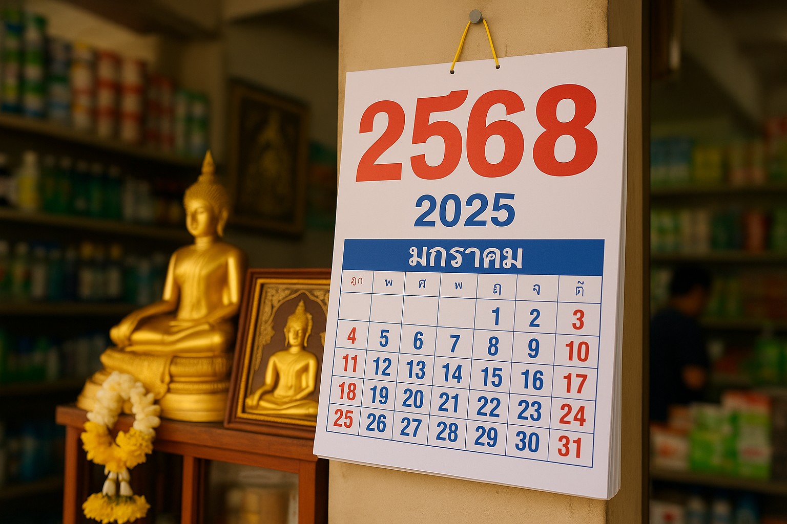 Ein thailändischer Kalender für das Jahr 2568 (2025) hängt in einem kleinen Geschäft, daneben eine goldene Buddha-Statue und buddhistische Bilder im Hintergrund.
