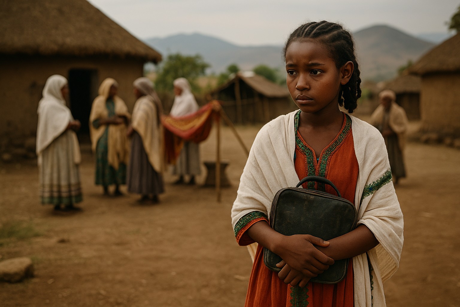 Äthiopisches Mädchen mit Schulranzen vor traditionellem Dorf in der Region Oromia, im Hintergrund Frauen bei Hochzeitsvorbereitungen.

