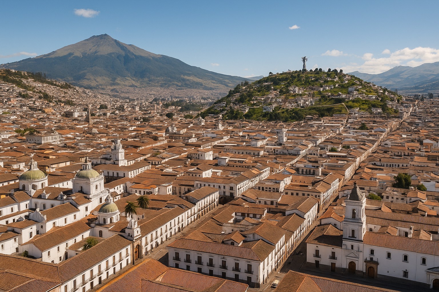Eine hochauflösende Luftaufnahme der Altstadt von Quito, Ecuador, mit kolonialen Gebäuden, roten Ziegeldächern und barocken Kirchen. Im Hintergrund ragen der El Panecillo-Hügel mit der Jungfrauenstatue und der Vulkan Pichincha majestätisch empor, unter einem klaren, blauen Himmel.
